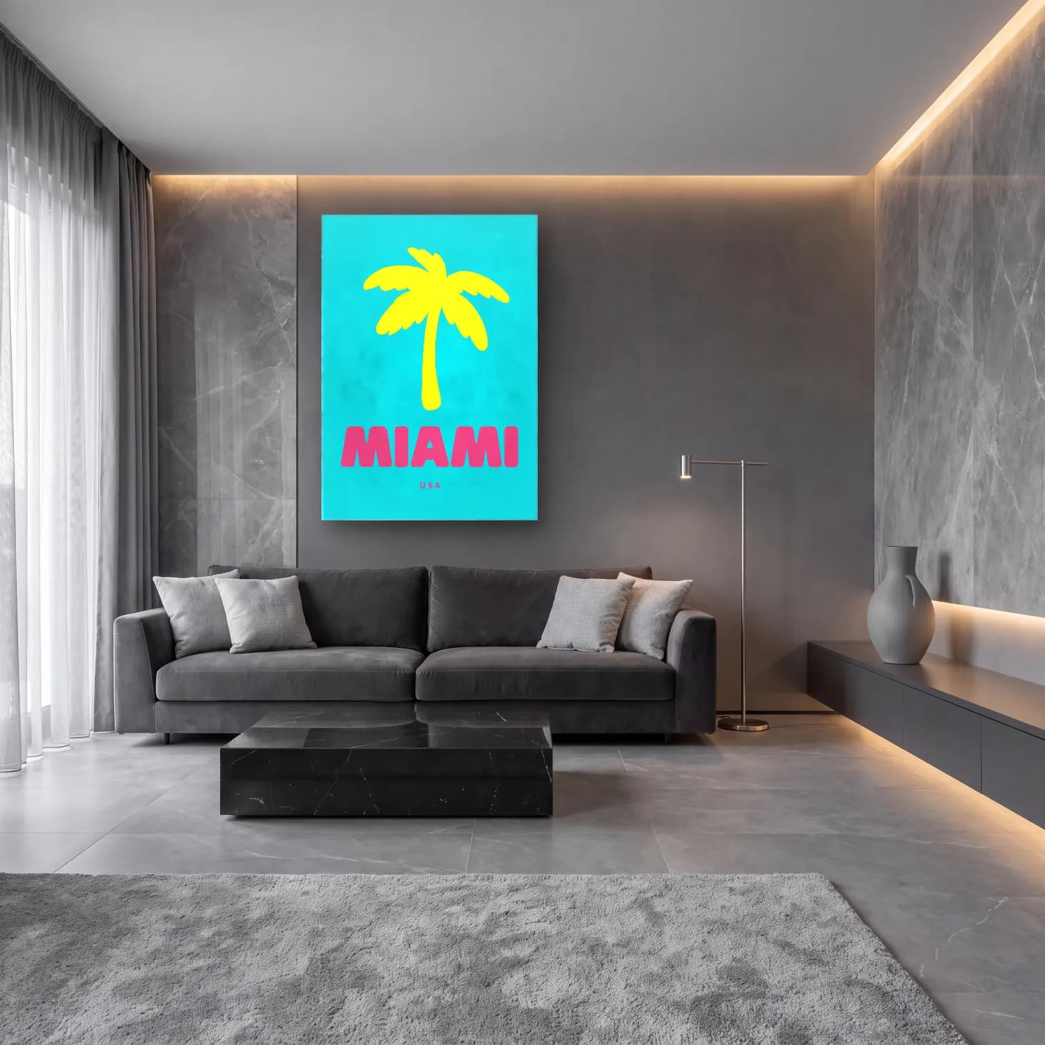 Pop Art Palmiyeli Tropik Sahil – Turkuaz Tonlar cam tablo — lüks salon duvarında