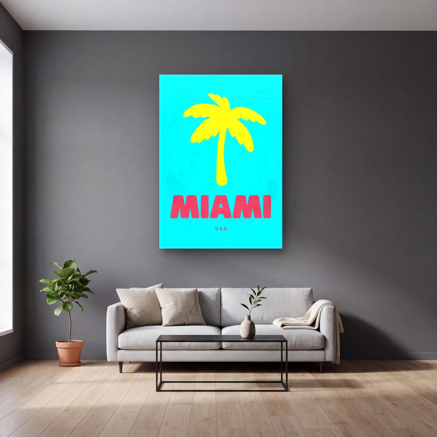 Pop Art Palmiyeli Tropik Sahil – Turkuaz Tonlar cam tablo — gri duvarlı salonda