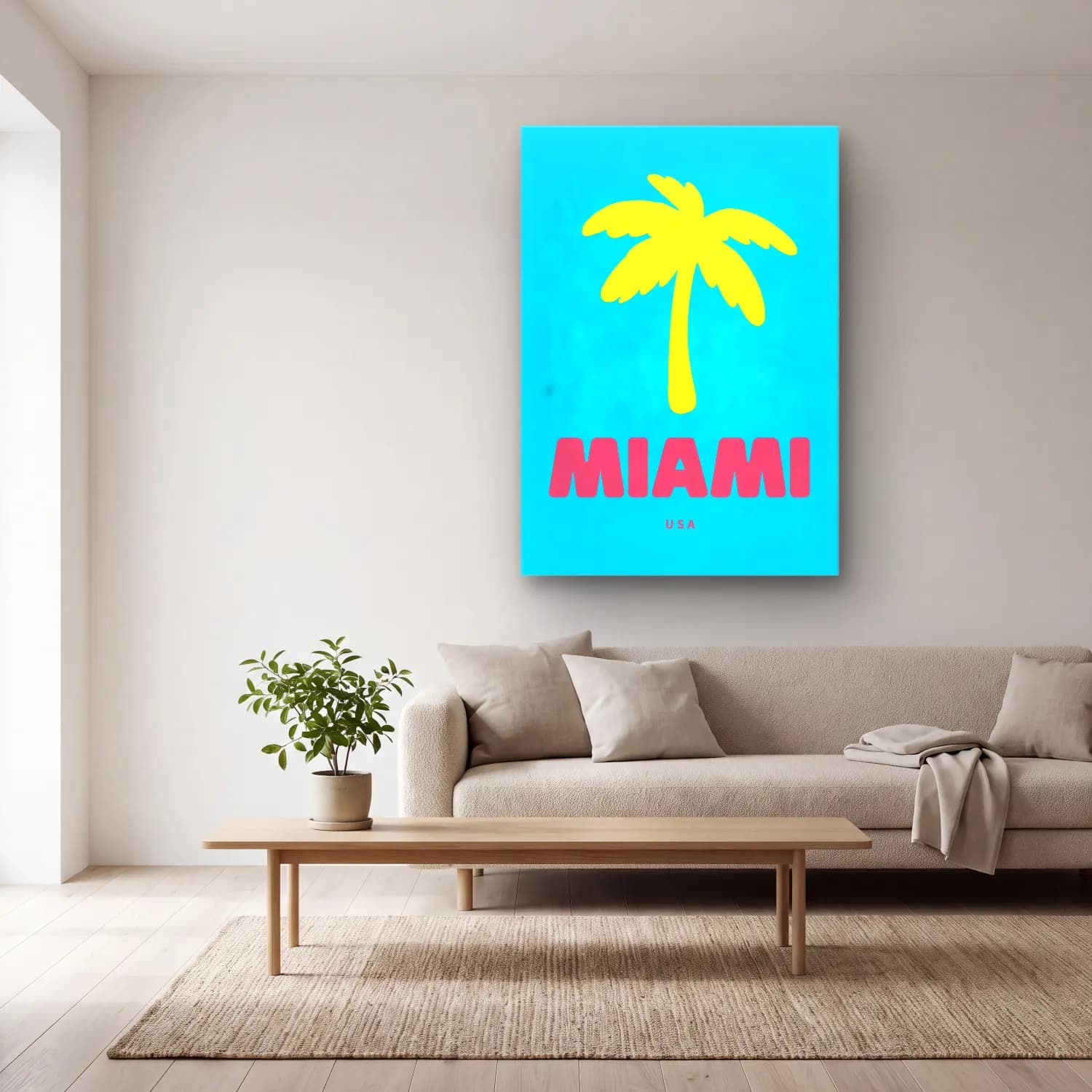 Pop Art Palmiyeli Tropik Sahil – Turkuaz Tonlar cam tablo — açık renk salonda