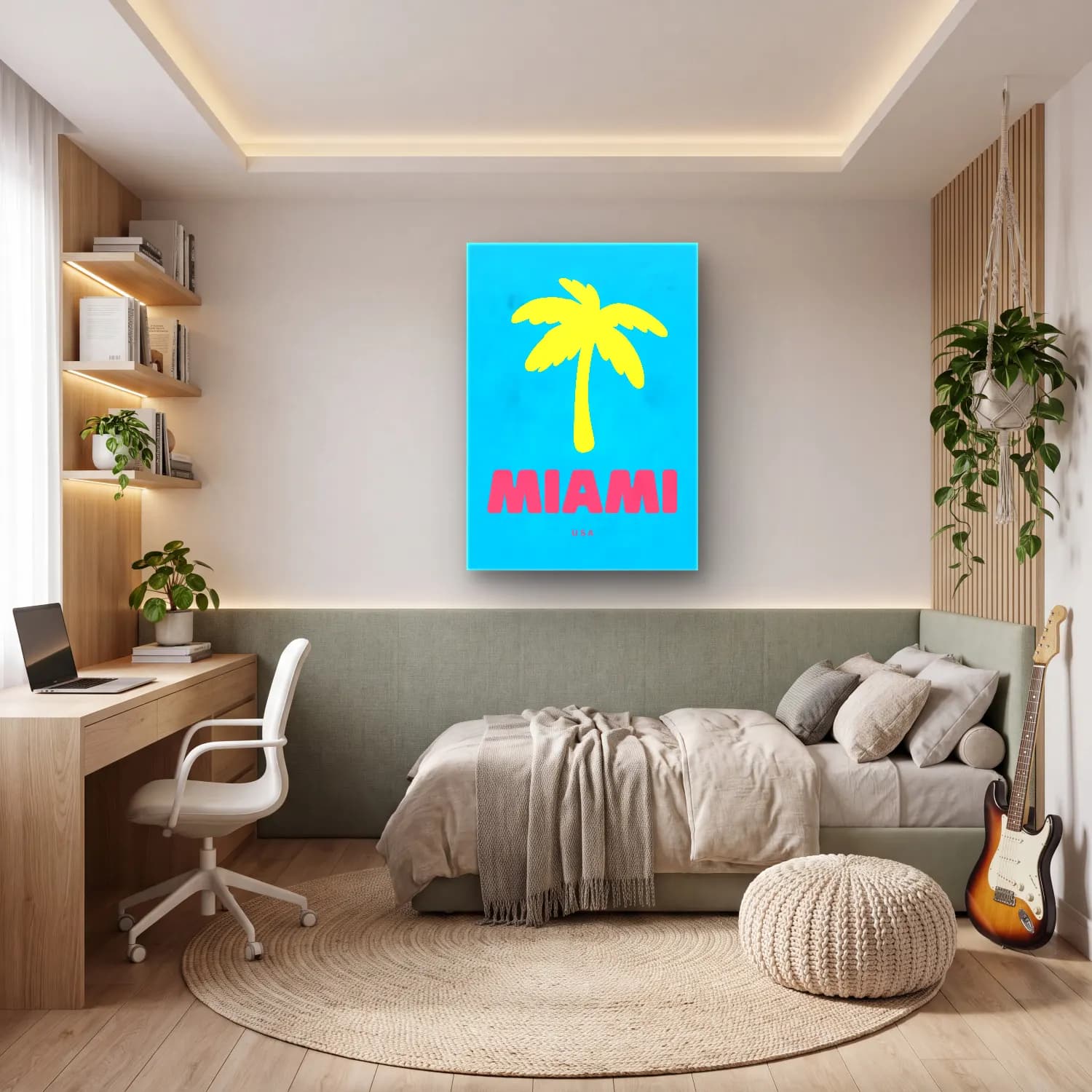 Pop Art Palmiyeli Tropik Sahil – Turkuaz Tonlar cam tablo — genç odasında