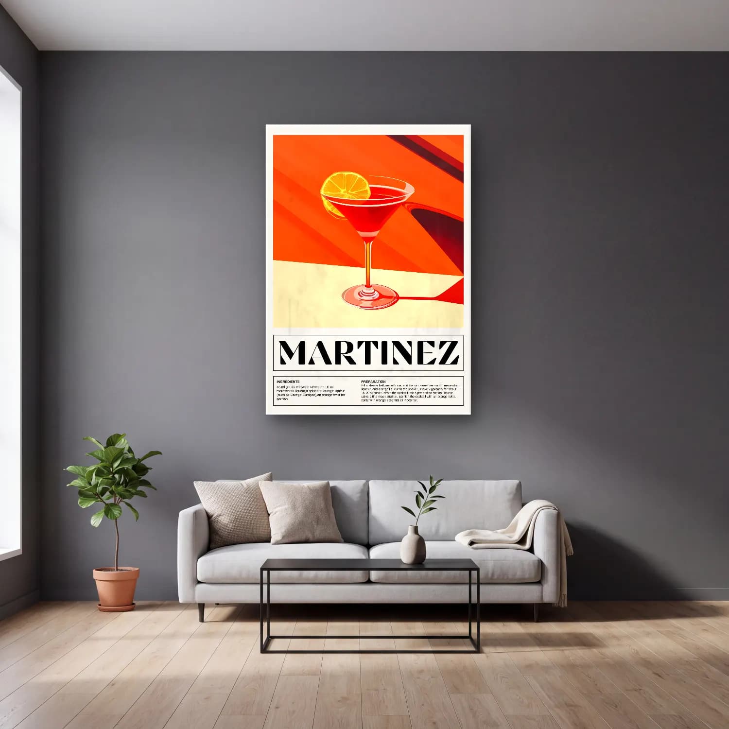 Vintage Poster Kokteyl No. 8 cam tablo — gri duvarlı salonda