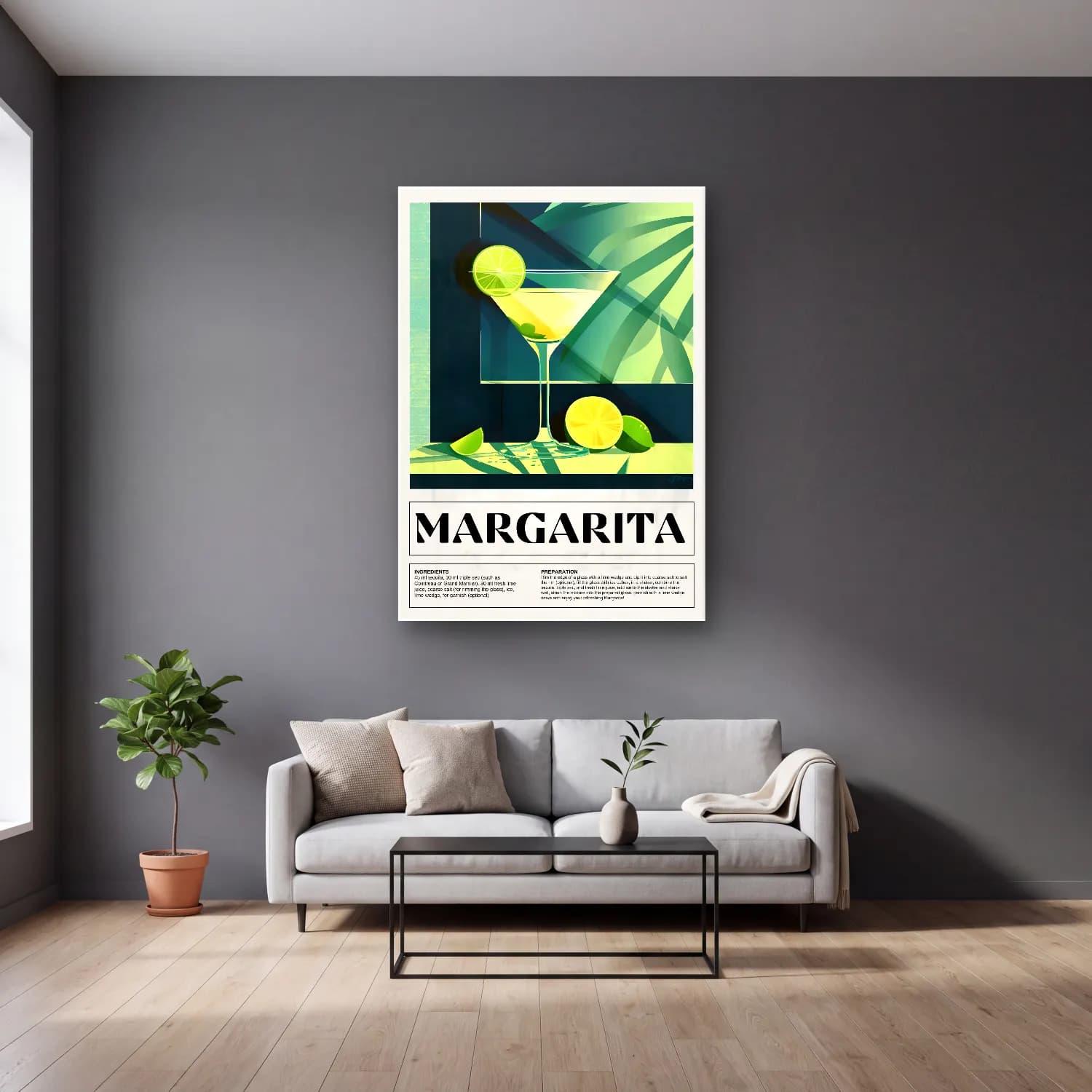 Vintage Poster Kokteyl No. 16 cam tablo — gri duvarlı salonda