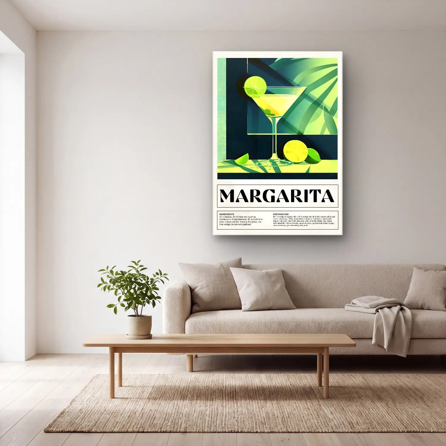 Vintage Poster Kokteyl No. 16 cam tablo — açık renk salonda