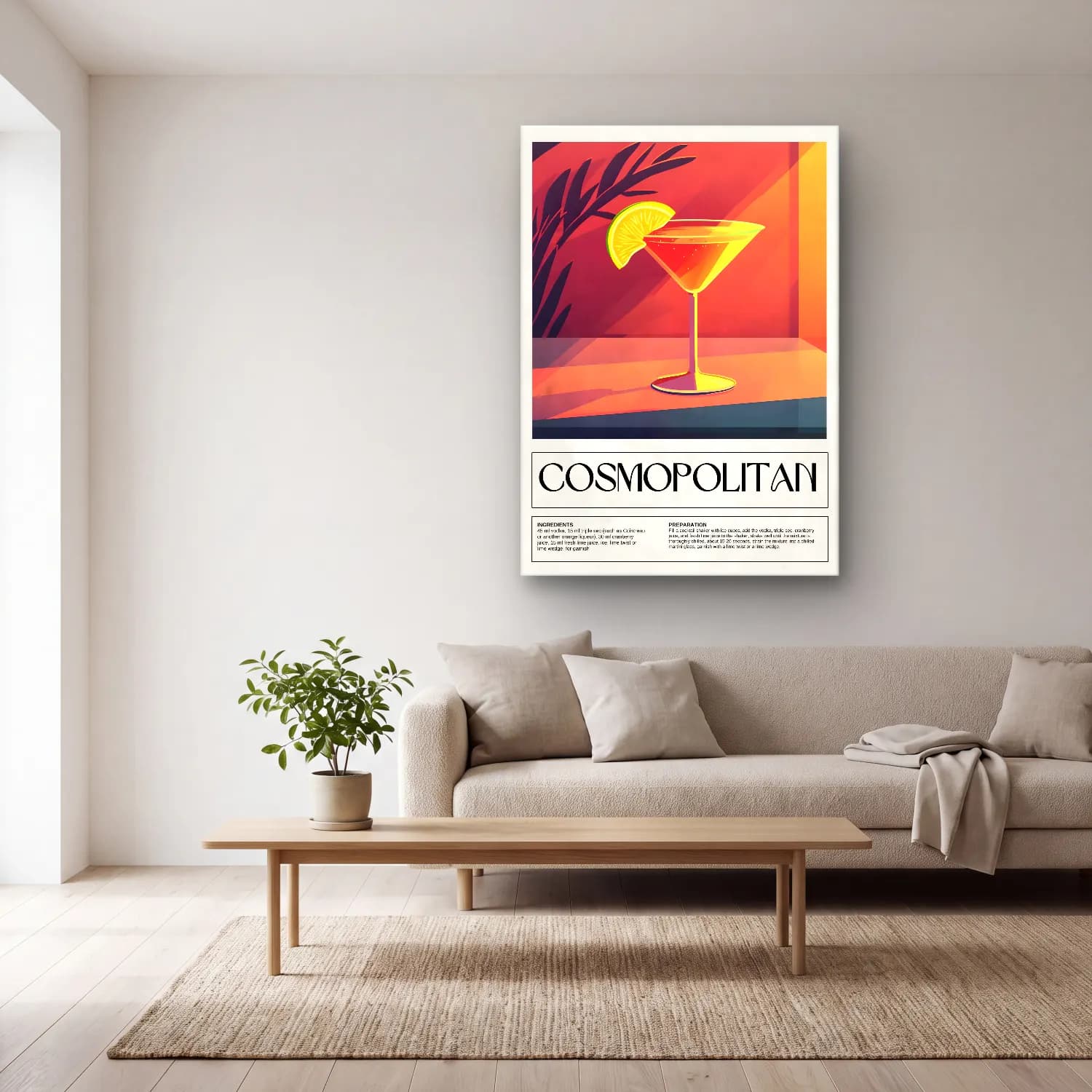 Vintage Poster Kokteyl No. 17 cam tablo — açık renk salonda