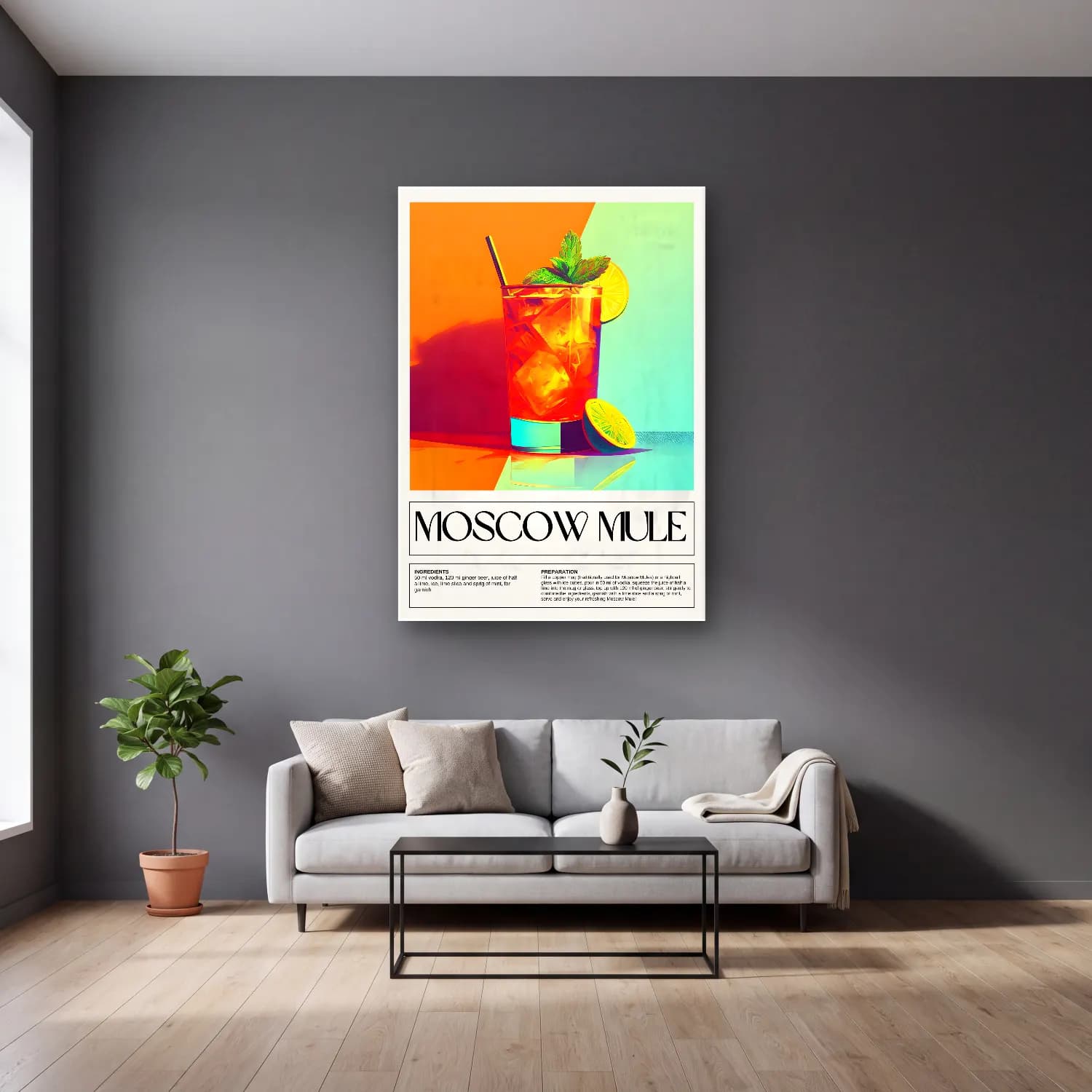 Vintage Poster Kokteyl No. 24 cam tablo — gri duvarlı salonda