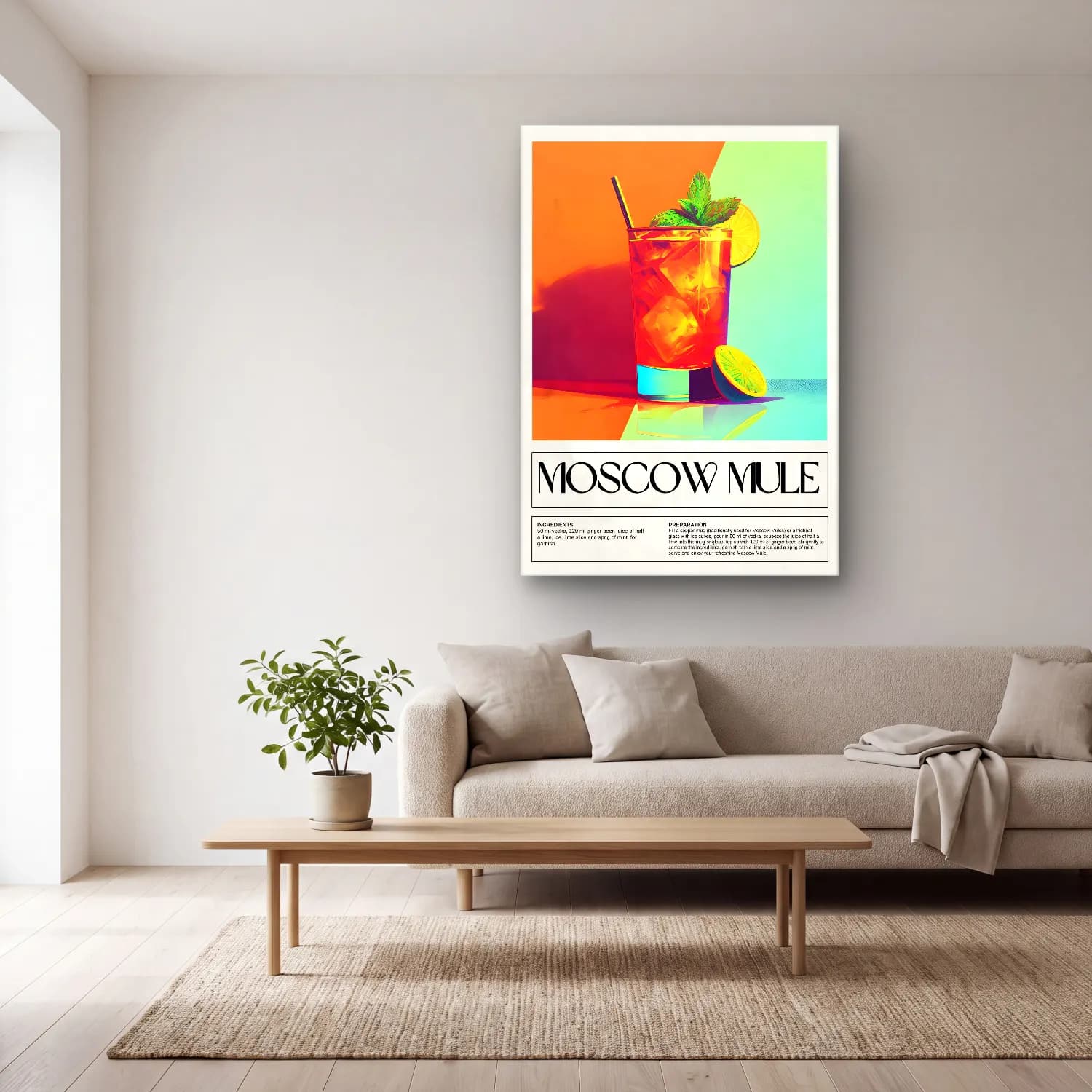 Vintage Poster Kokteyl No. 24 cam tablo — açık renk salonda