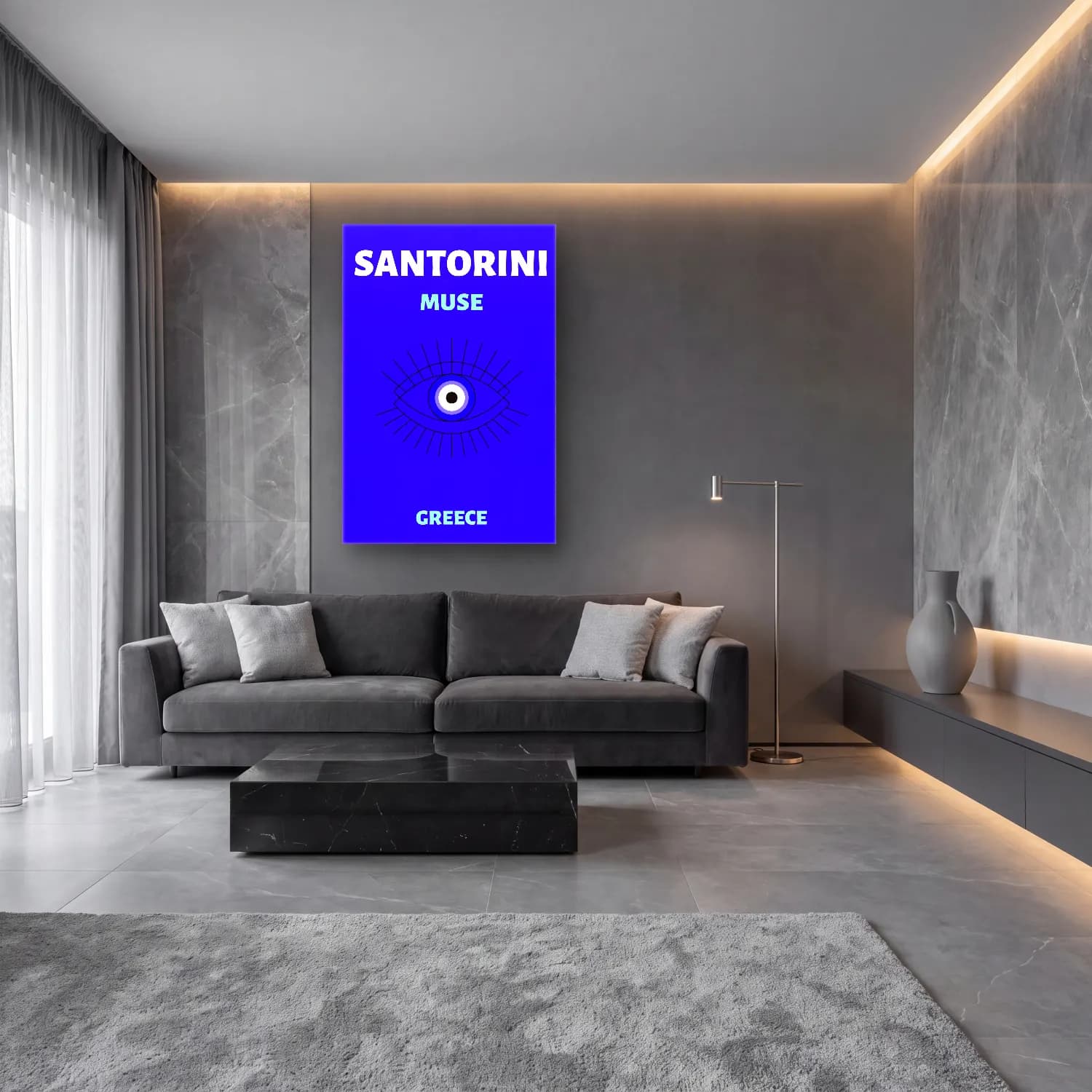 Çizgi Sanatı Çizgi Yüz No. 23 cam tablo — lüks salon duvarında
