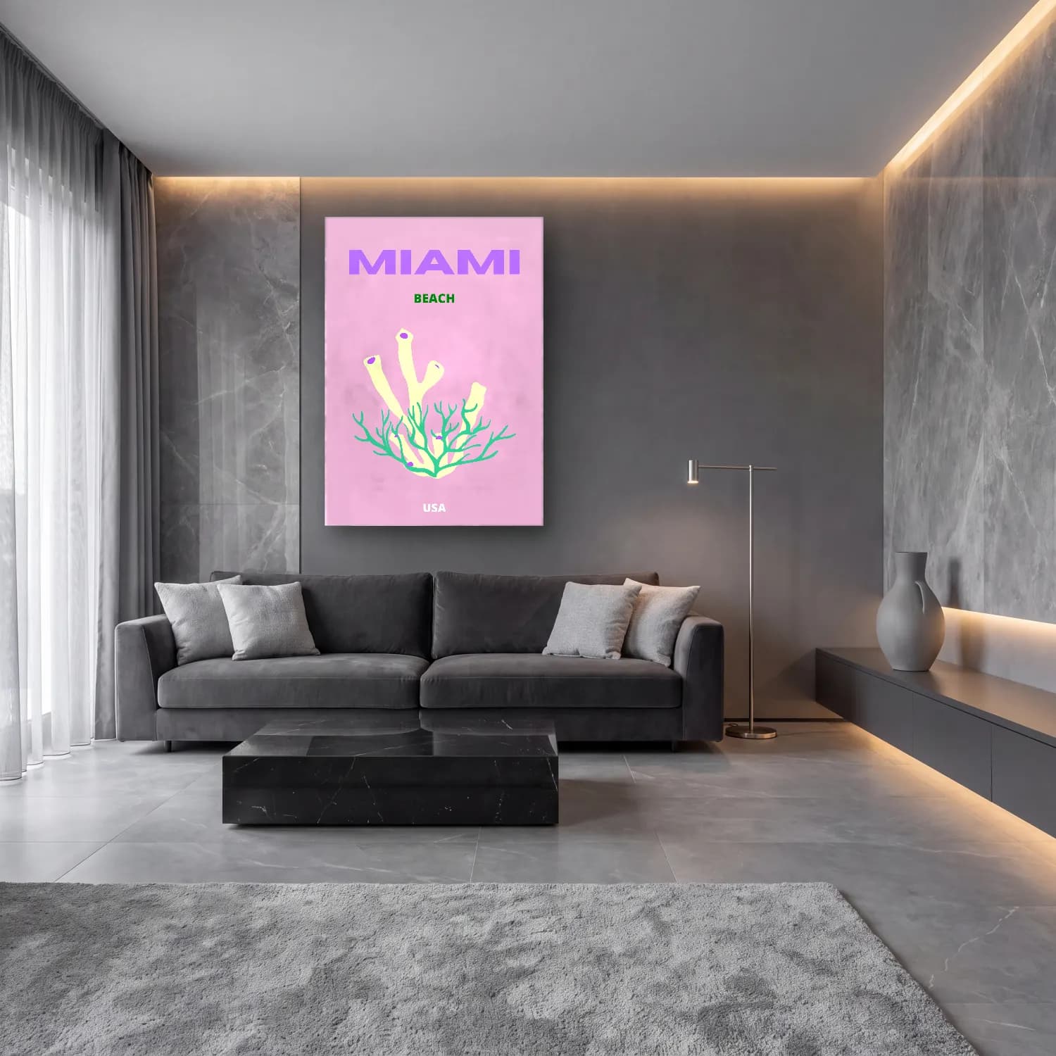 Pastel Dalgalı Sahil No. 16 cam tablo — lüks salon duvarında