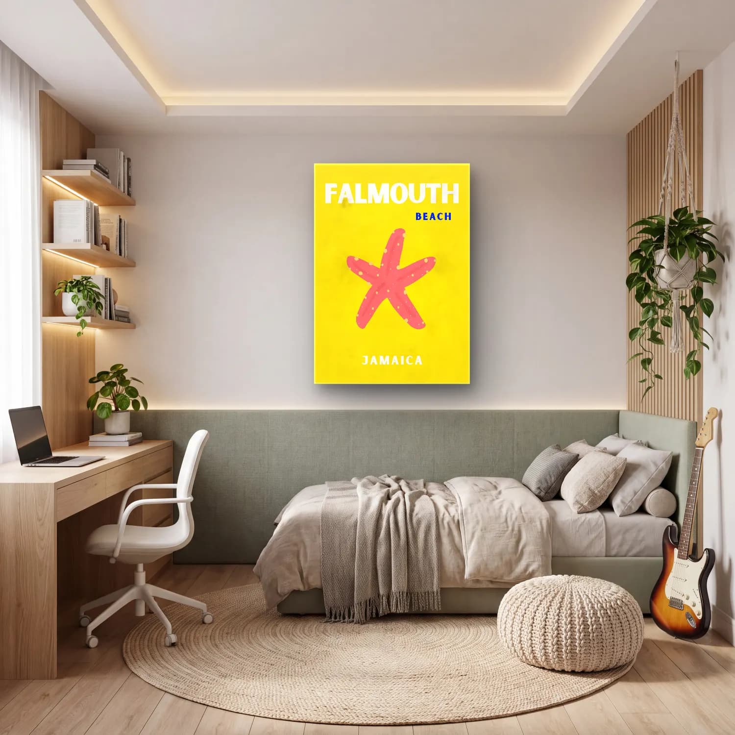 Pastel Palmiyeli Tropik Sahil – Sarı Tonlar cam tablo — genç odasında