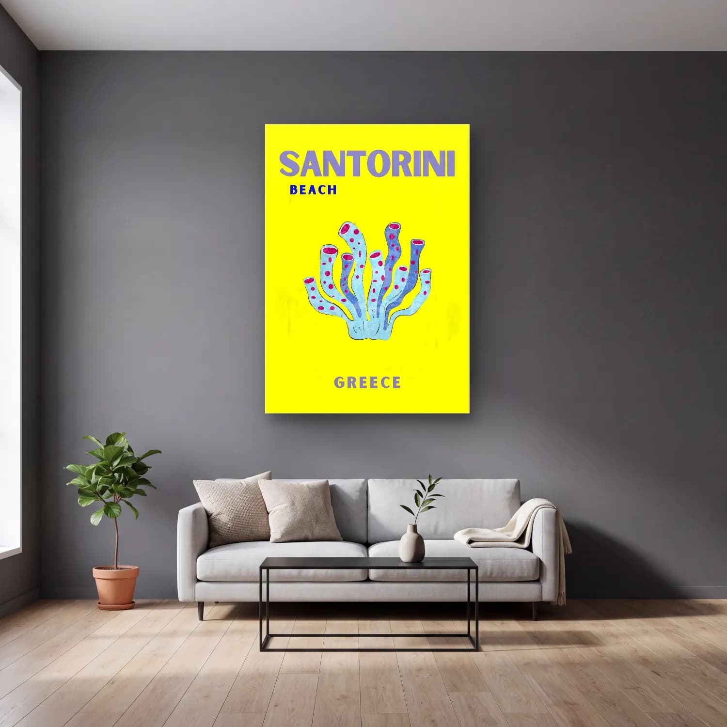 Vintage Poster Dalgalı Sahil cam tablo — gri duvarlı salonda