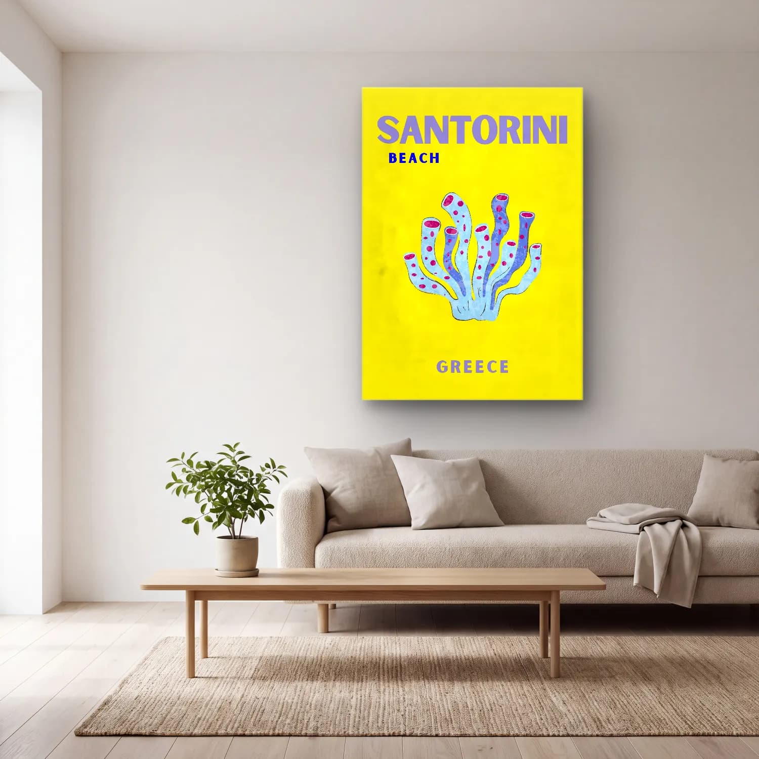Vintage Poster Dalgalı Sahil cam tablo — açık renk salonda