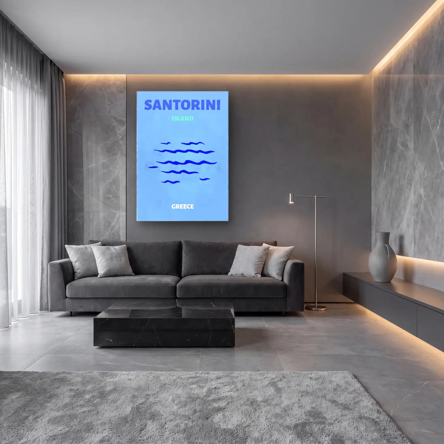 Çizgi Sanatı Sörf No. 6 cam tablo — lüks salon duvarında