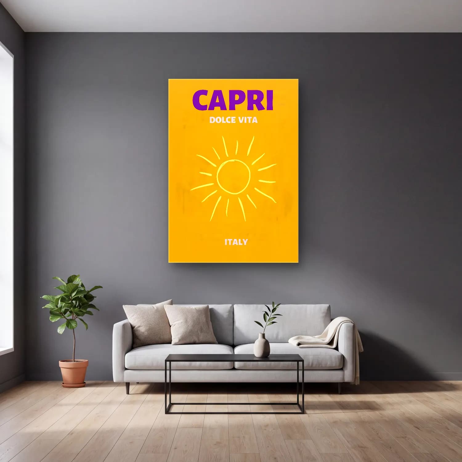 Pop Art Makarna – Turuncu Tonlar cam tablo — gri duvarlı salonda