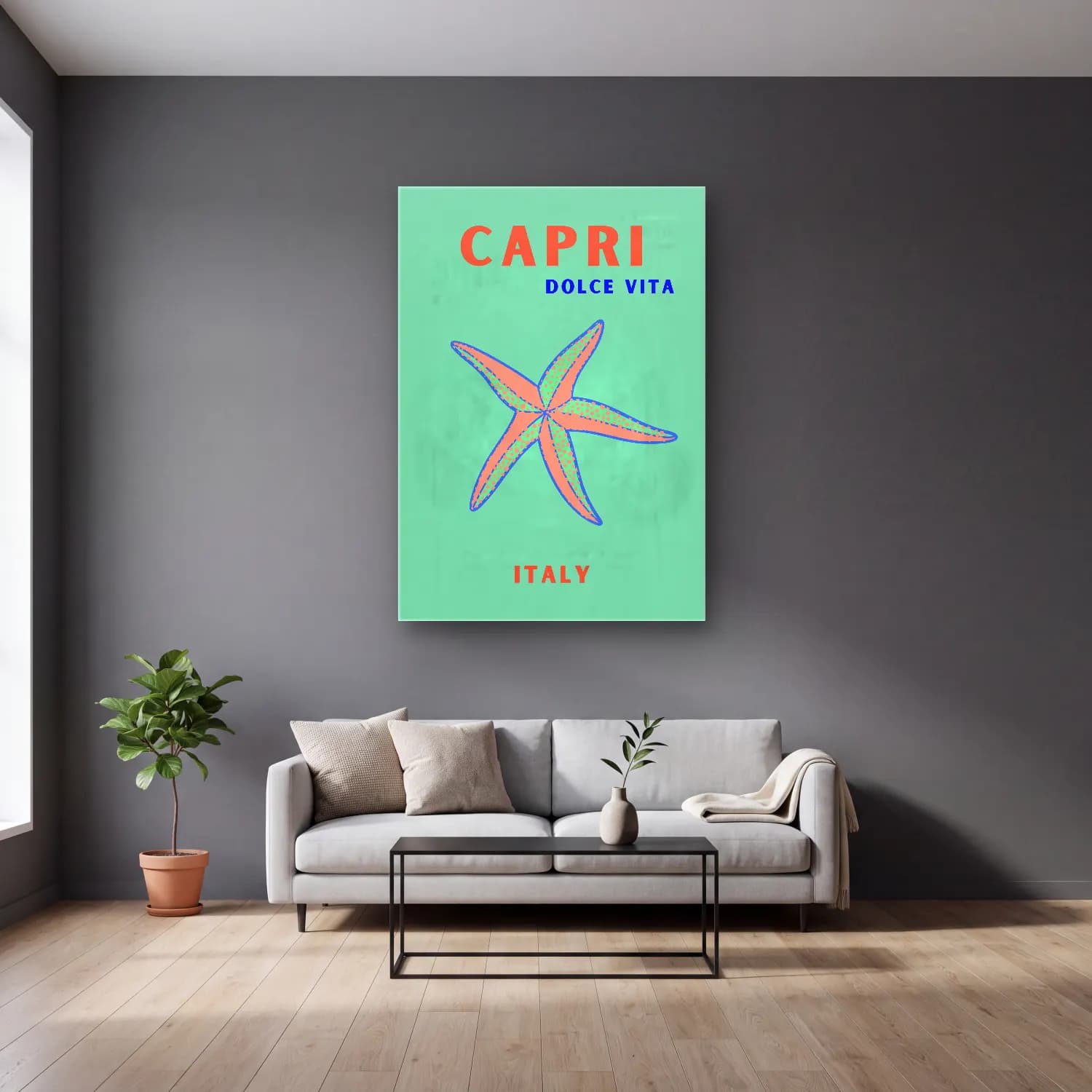 Pastel Makarna No. 8 cam tablo — gri duvarlı salonda