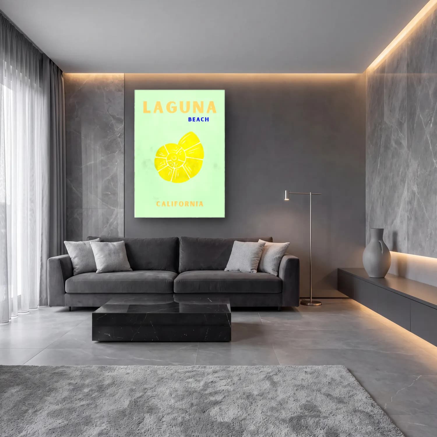 Pastel Dalgalı Sahil – Sarı Tonlar cam tablo — lüks salon duvarında