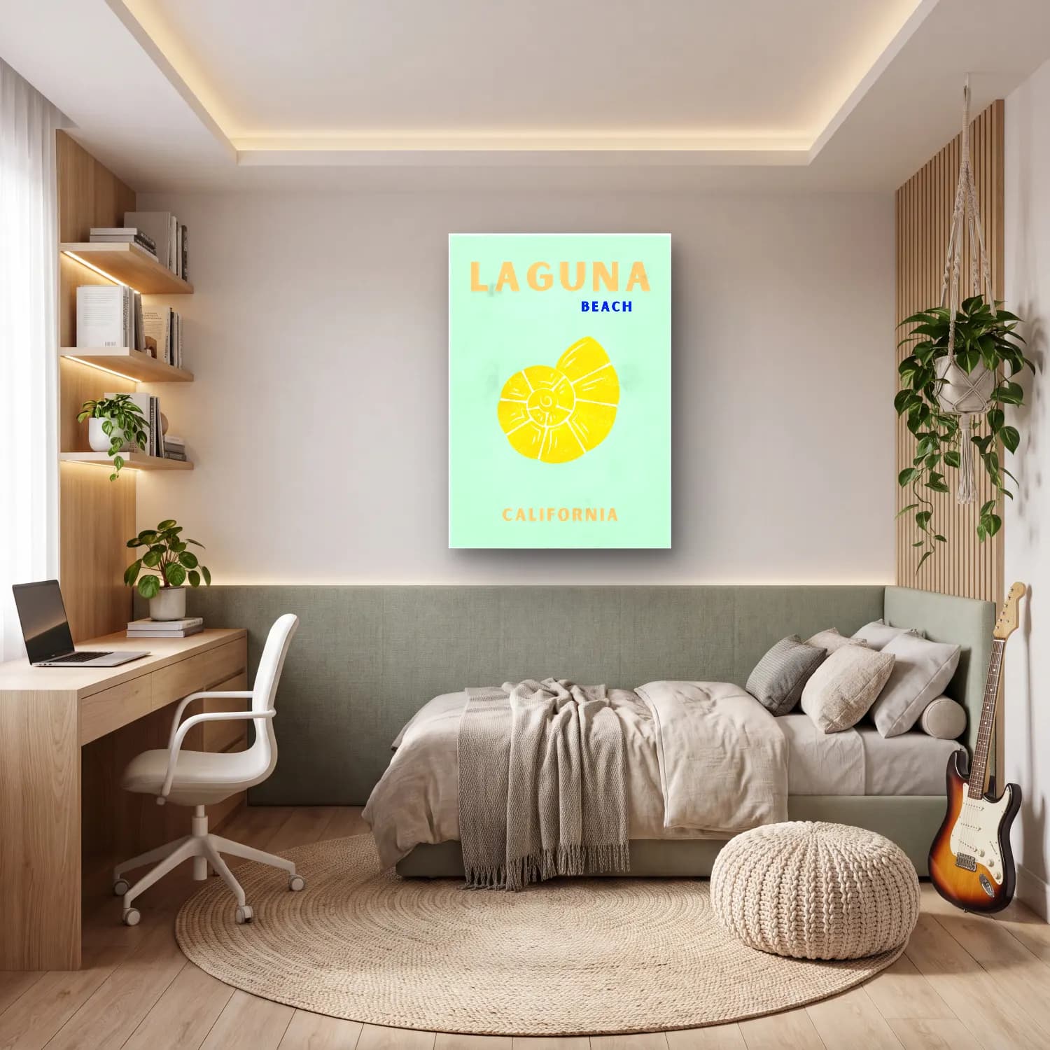 Pastel Dalgalı Sahil – Sarı Tonlar cam tablo — genç odasında