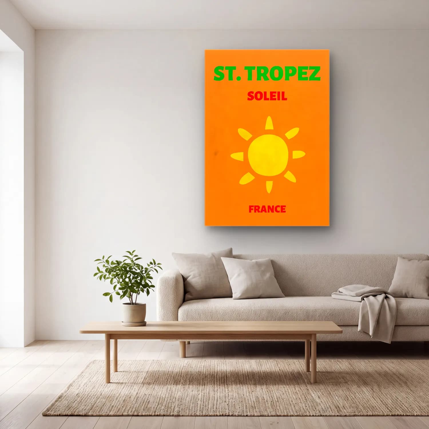 Vintage Poster Güneş ve Gökkuşağı – Turuncu Tonlar cam tablo — açık renk salonda