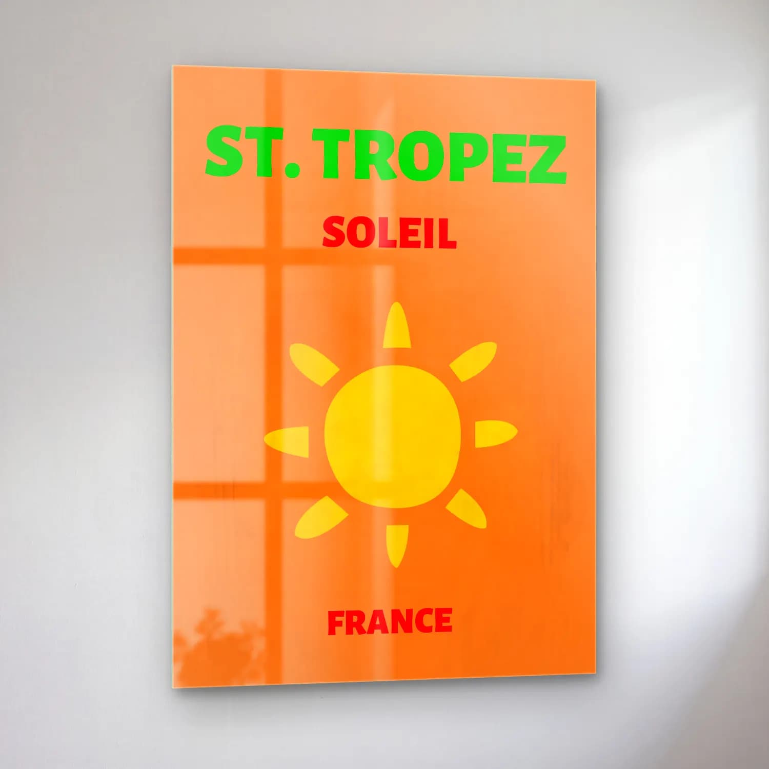 Vintage Poster Güneş ve Gökkuşağı – Turuncu Tonlar cam tablo — sol açıdan görünüm