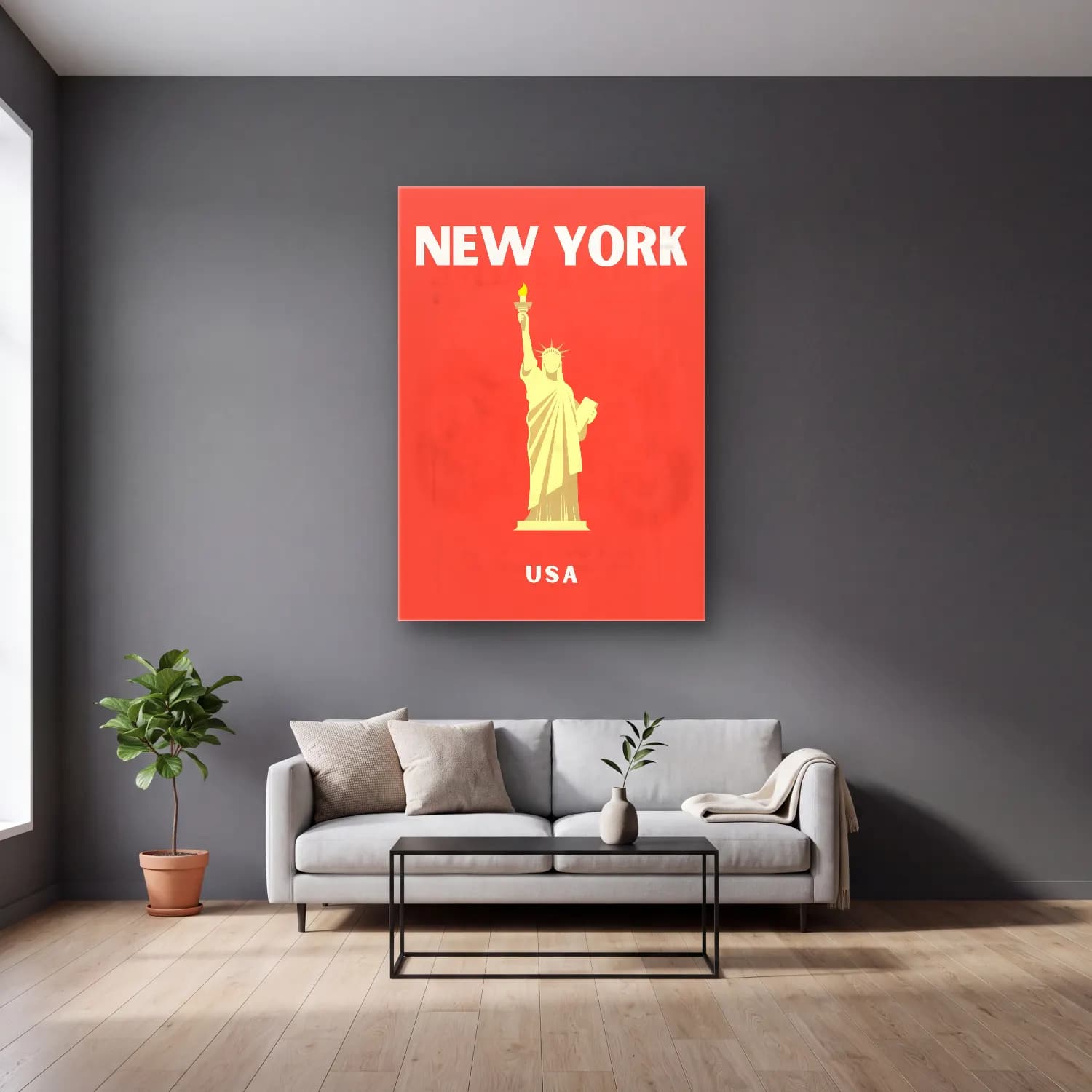 Vintage Poster New York Silüeti – Kırmızı Tonlar cam tablo — gri duvarlı salonda