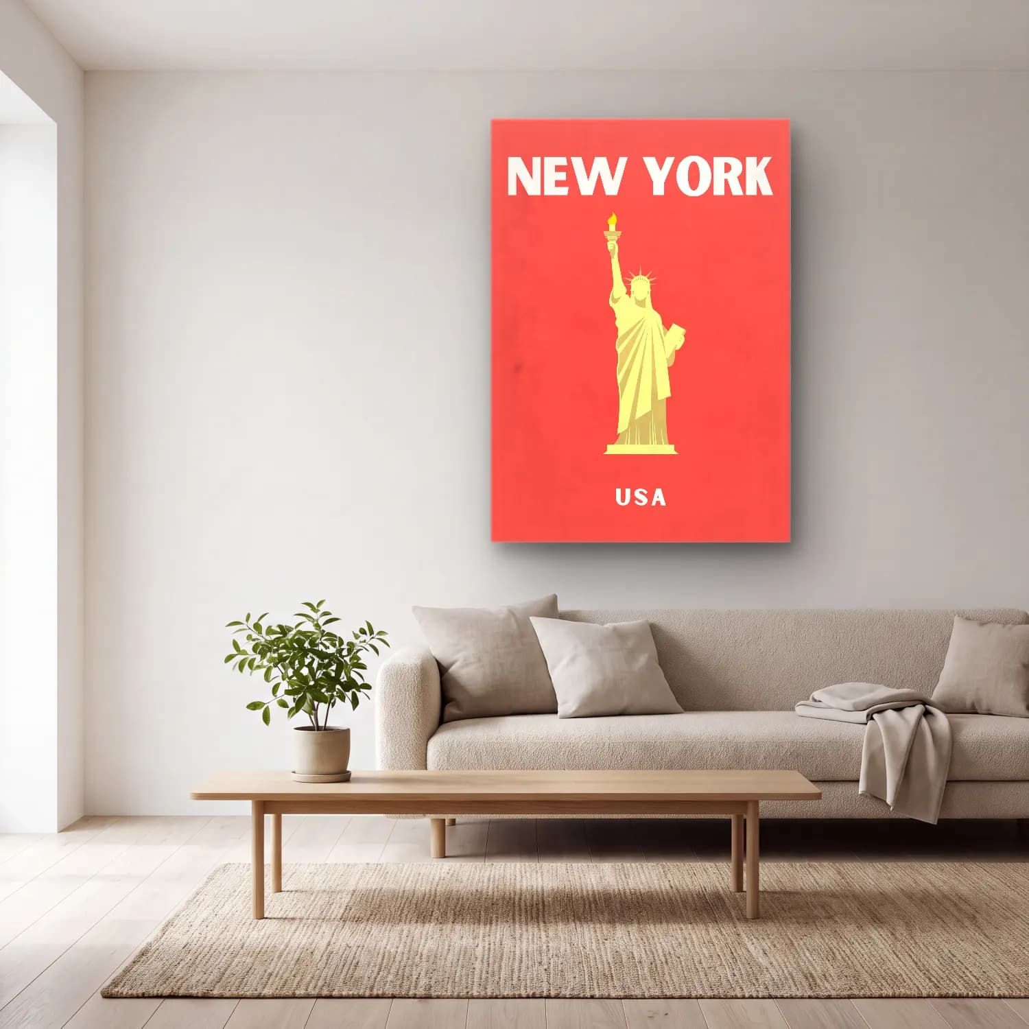 Vintage Poster New York Silüeti – Kırmızı Tonlar cam tablo — açık renk salonda