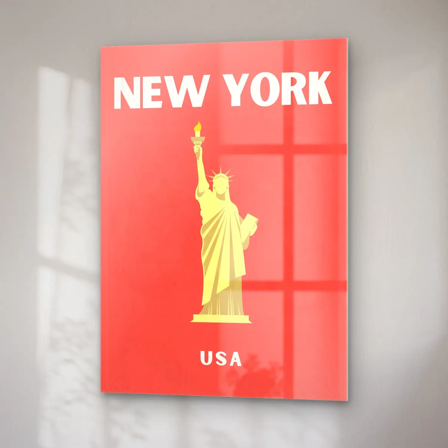 Vintage Poster New York Silüeti – Kırmızı Tonlar cam tablo — sağ açıdan görünüm