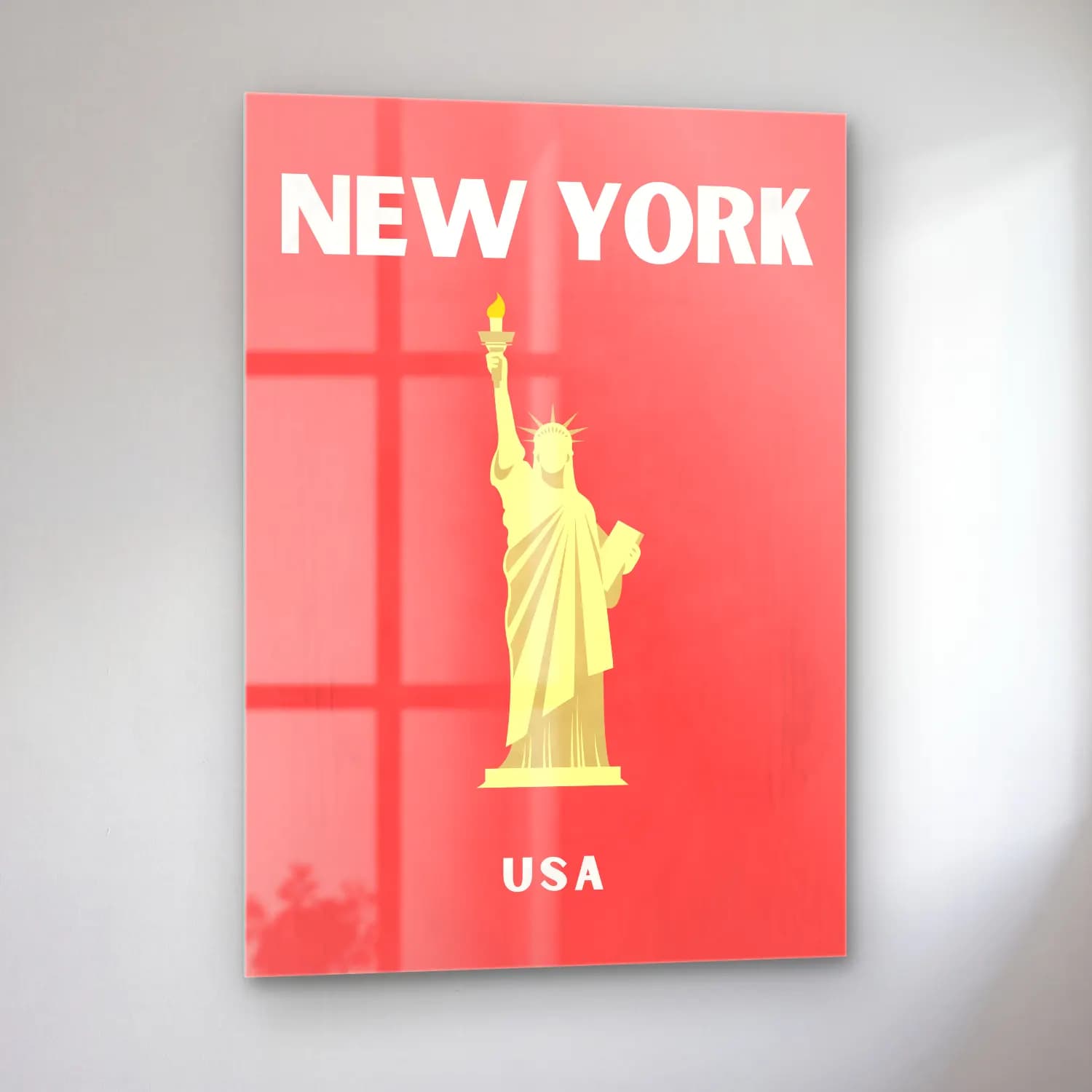 Vintage Poster New York Silüeti – Kırmızı Tonlar cam tablo — sol açıdan görünüm