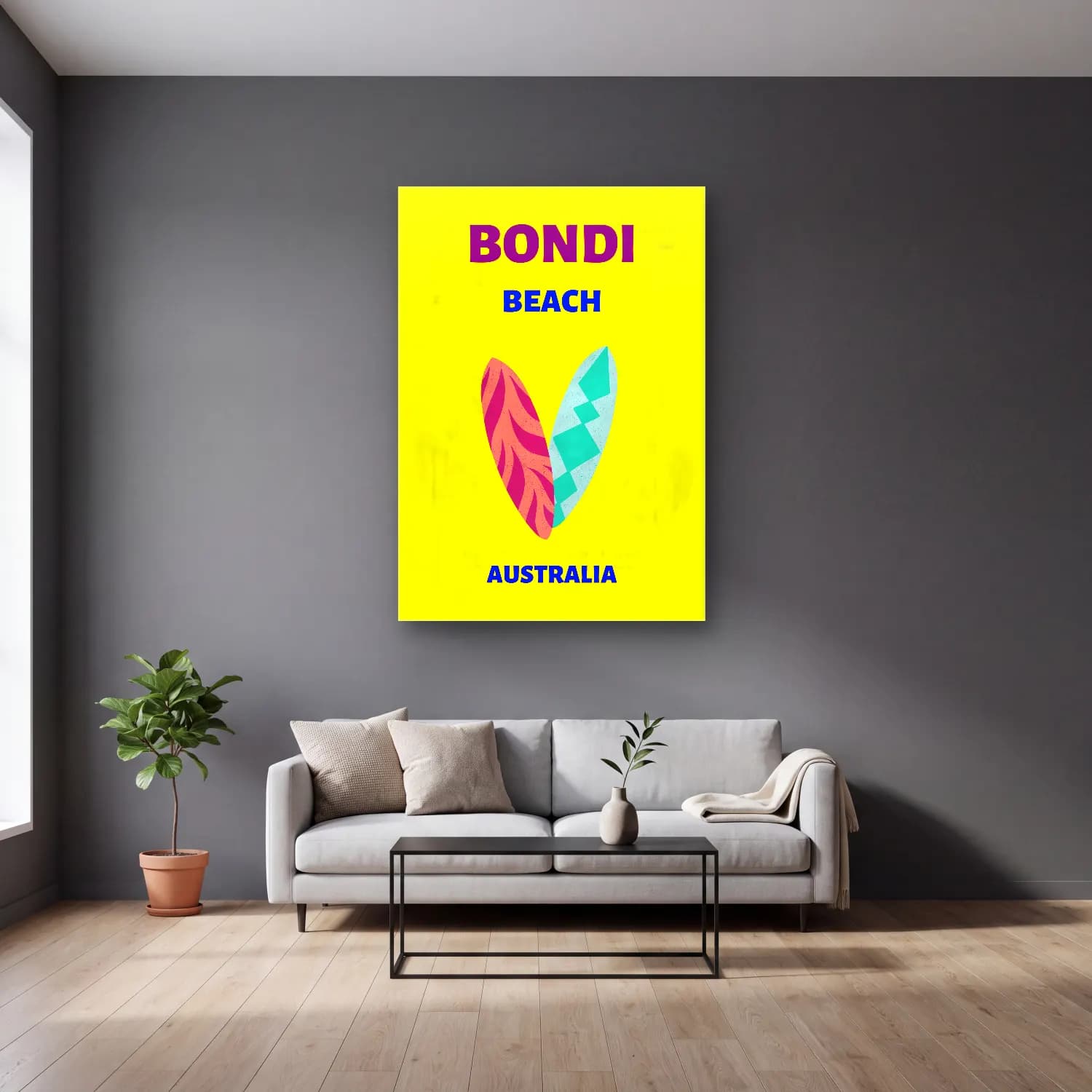 Boho Sörf – Sarı Tonlar cam tablo — gri duvarlı salonda