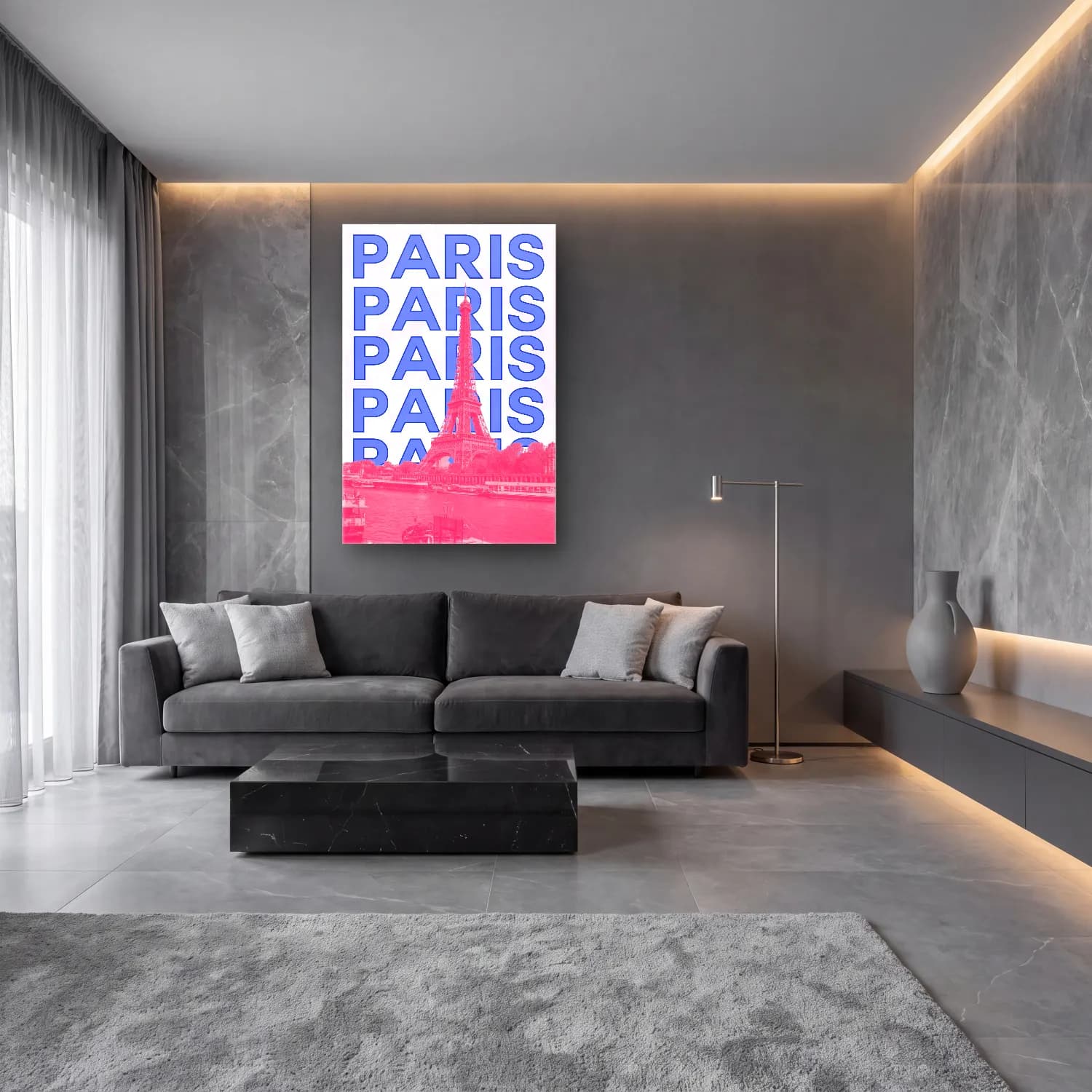 Pastel Paris ve Eyfel Kulesi No. 6 cam tablo — lüks salon duvarında