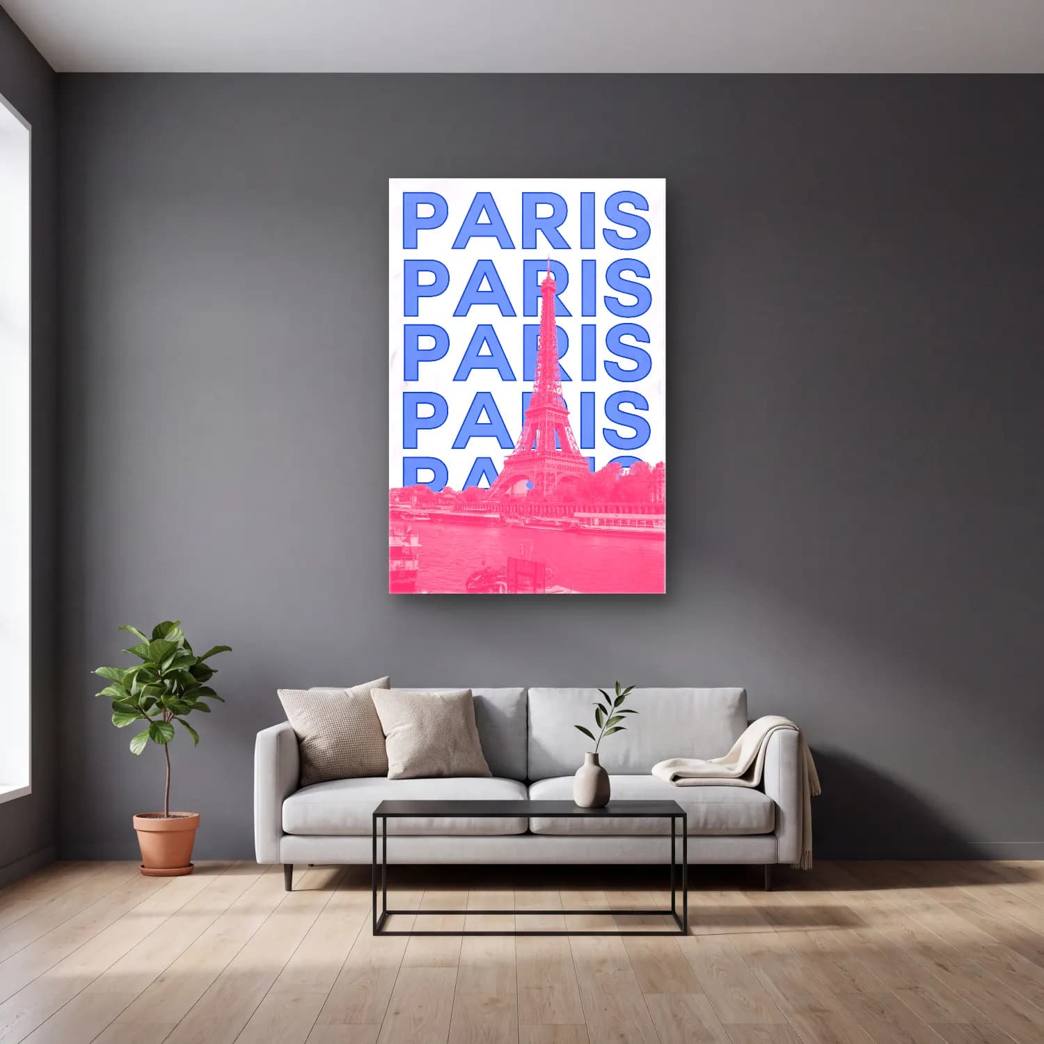 Pastel Paris ve Eyfel Kulesi No. 6 cam tablo — gri duvarlı salonda