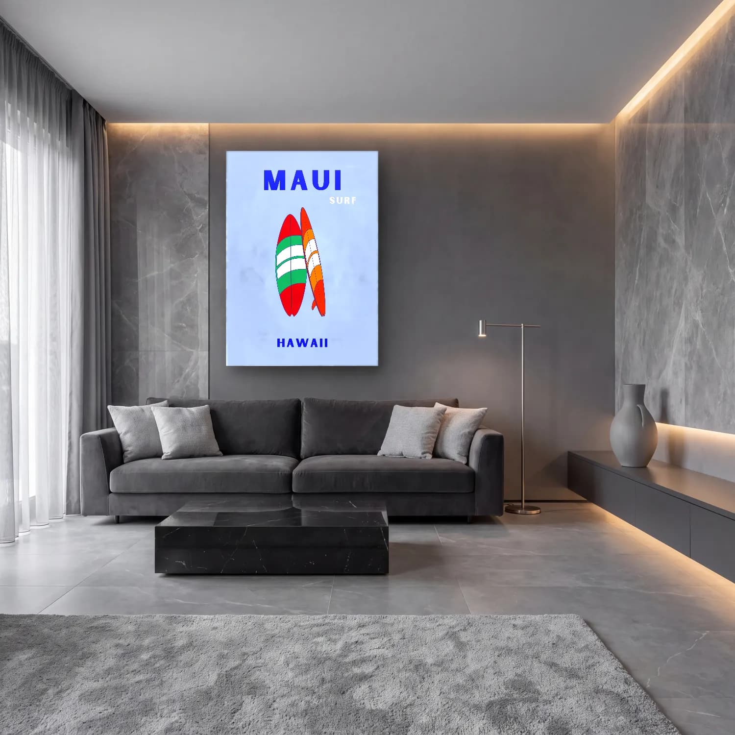 Maksimalist Sörf – Turkuaz Tonlar cam tablo — lüks salon duvarında