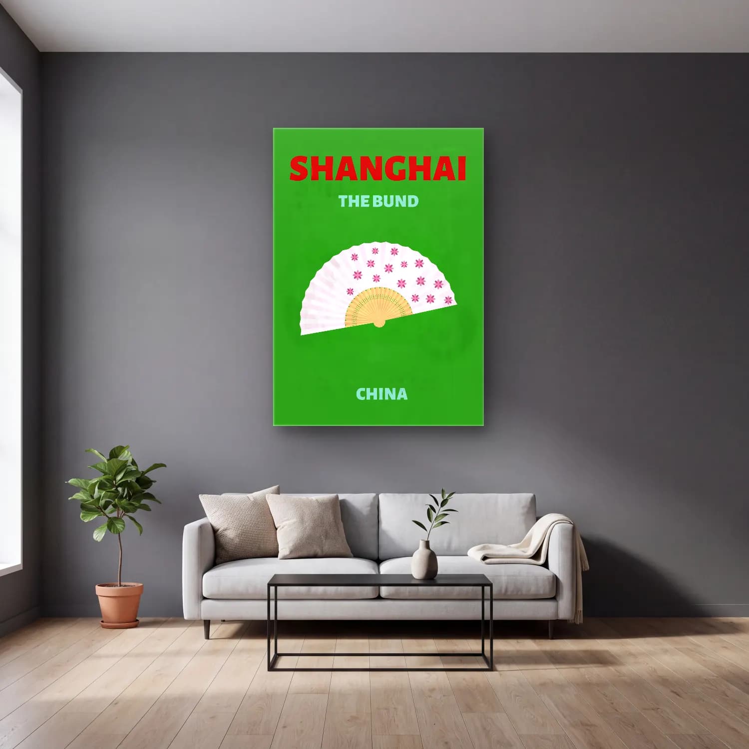 Vintage Poster Fiyonk – Yeşil Tonlar cam tablo — gri duvarlı salonda