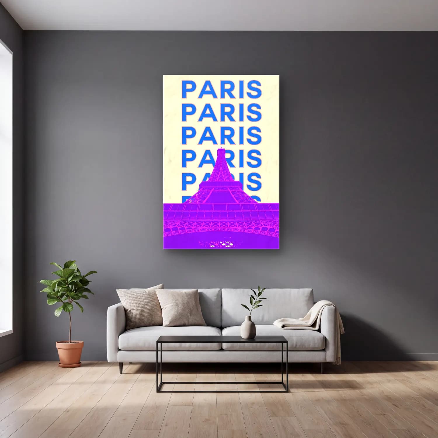 Vintage Poster Paris ve Eyfel Kulesi – Mor Tonlar cam tablo — gri duvarlı salonda