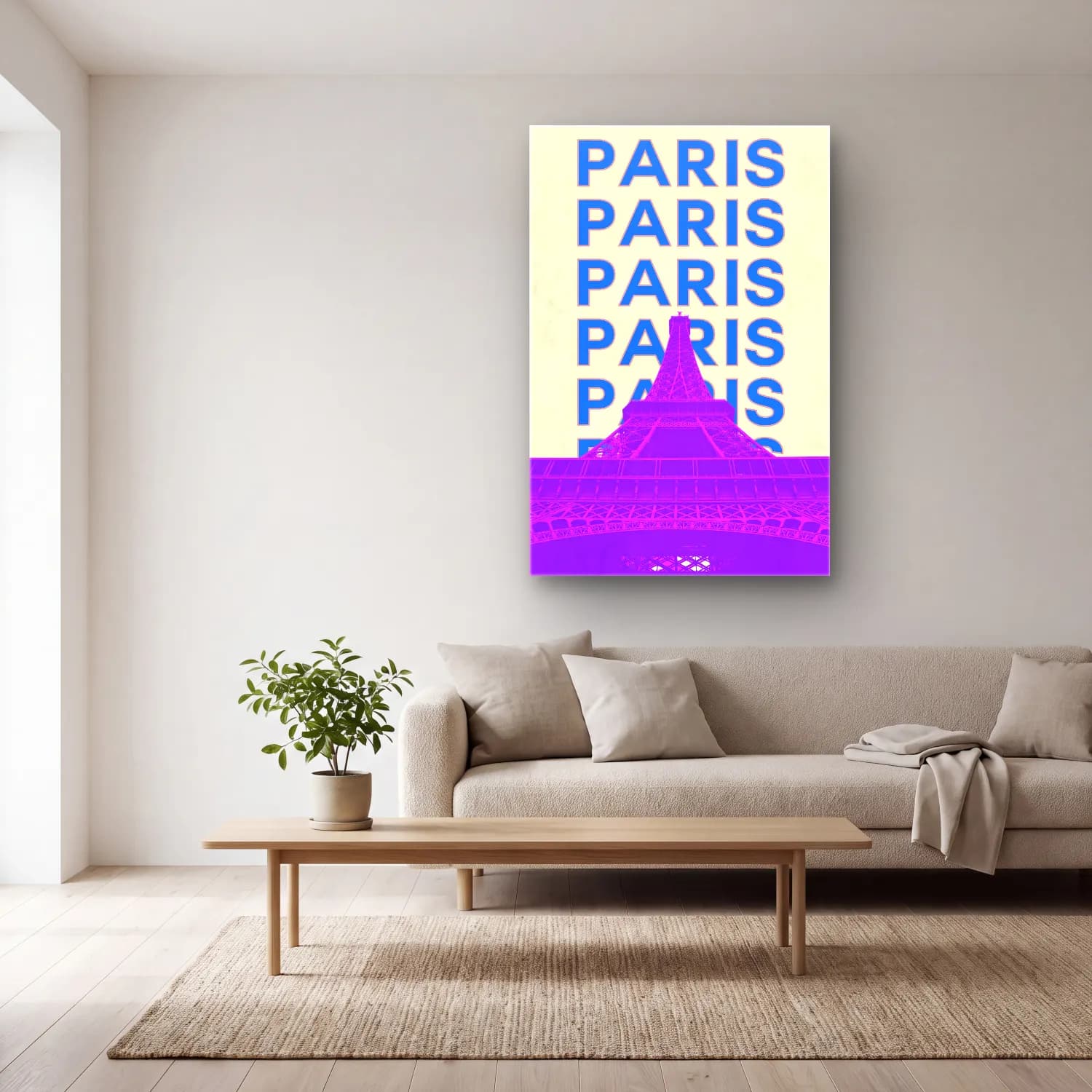 Vintage Poster Paris ve Eyfel Kulesi – Mor Tonlar cam tablo — açık renk salonda
