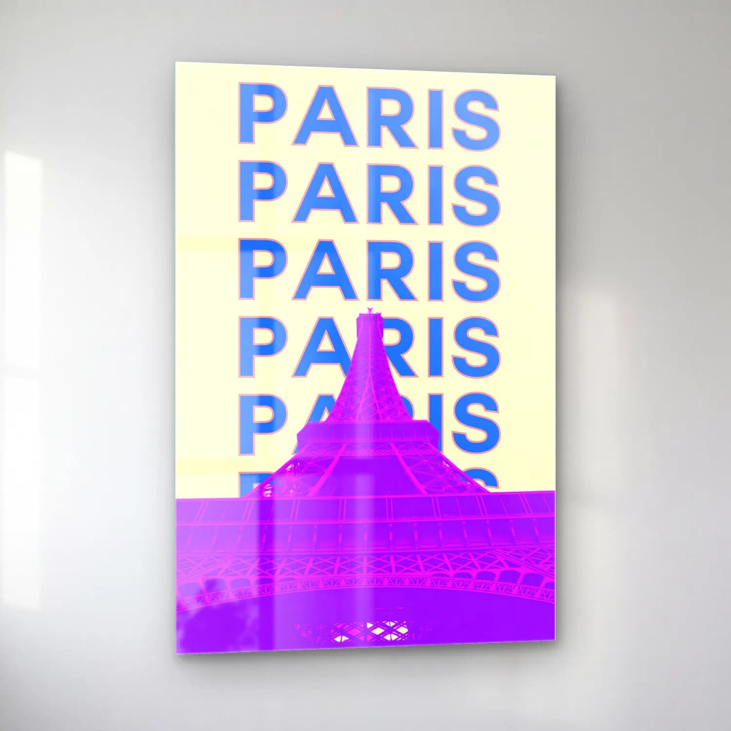 Vintage Poster Paris ve Eyfel Kulesi – Mor Tonlar cam tablo — sol açıdan görünüm