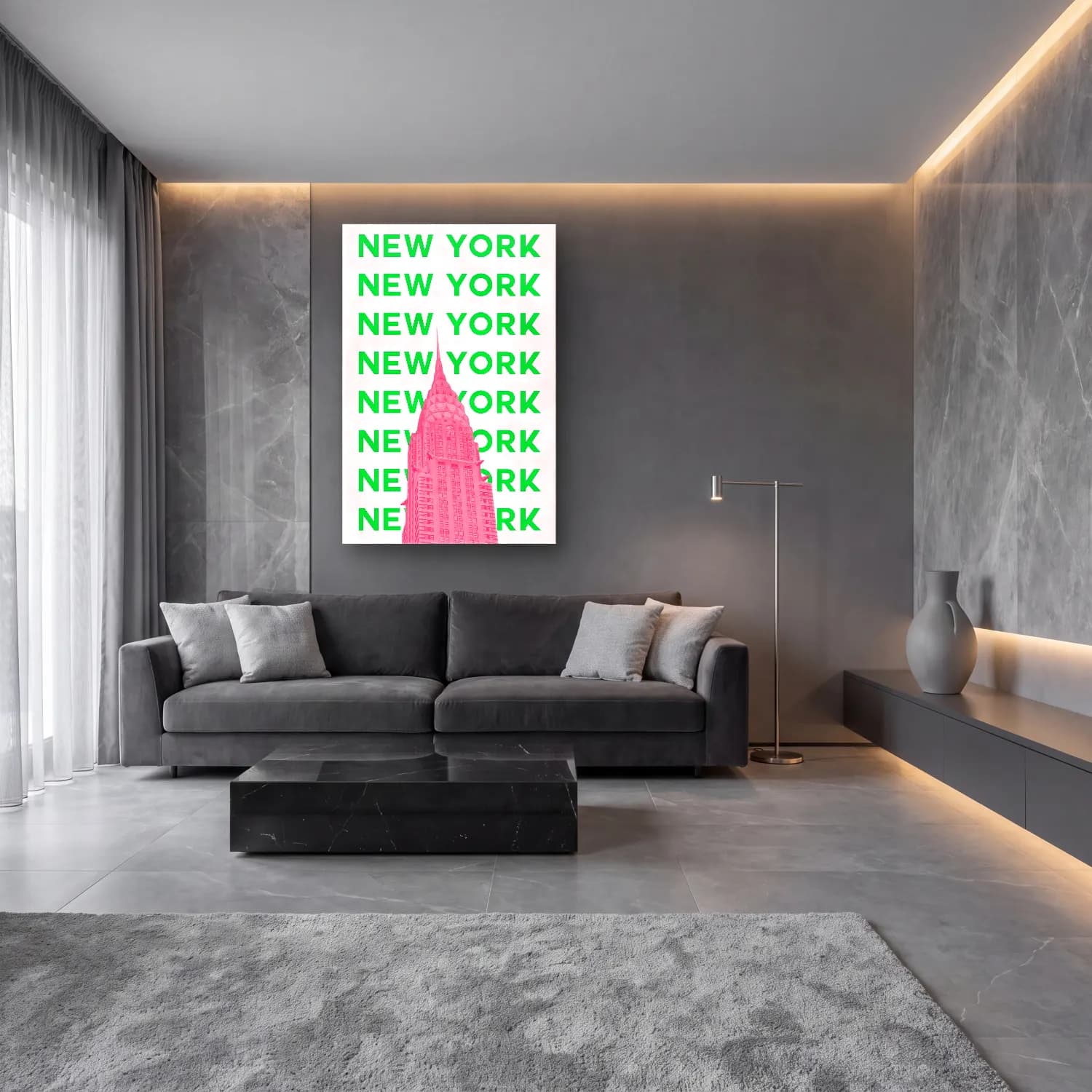 Pastel New York Silüeti No. 2 cam tablo — lüks salon duvarında