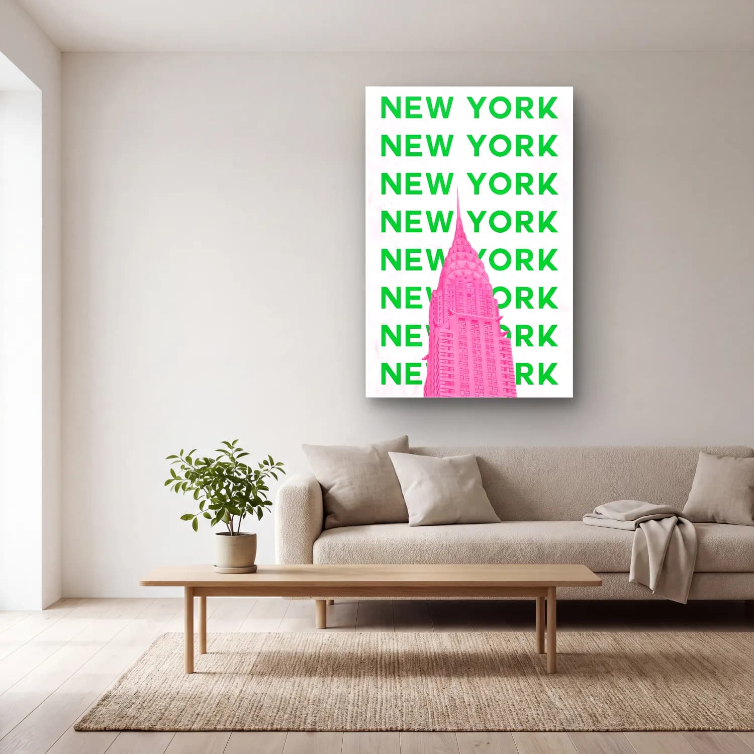 Pastel New York Silüeti No. 2 cam tablo — açık renk salonda