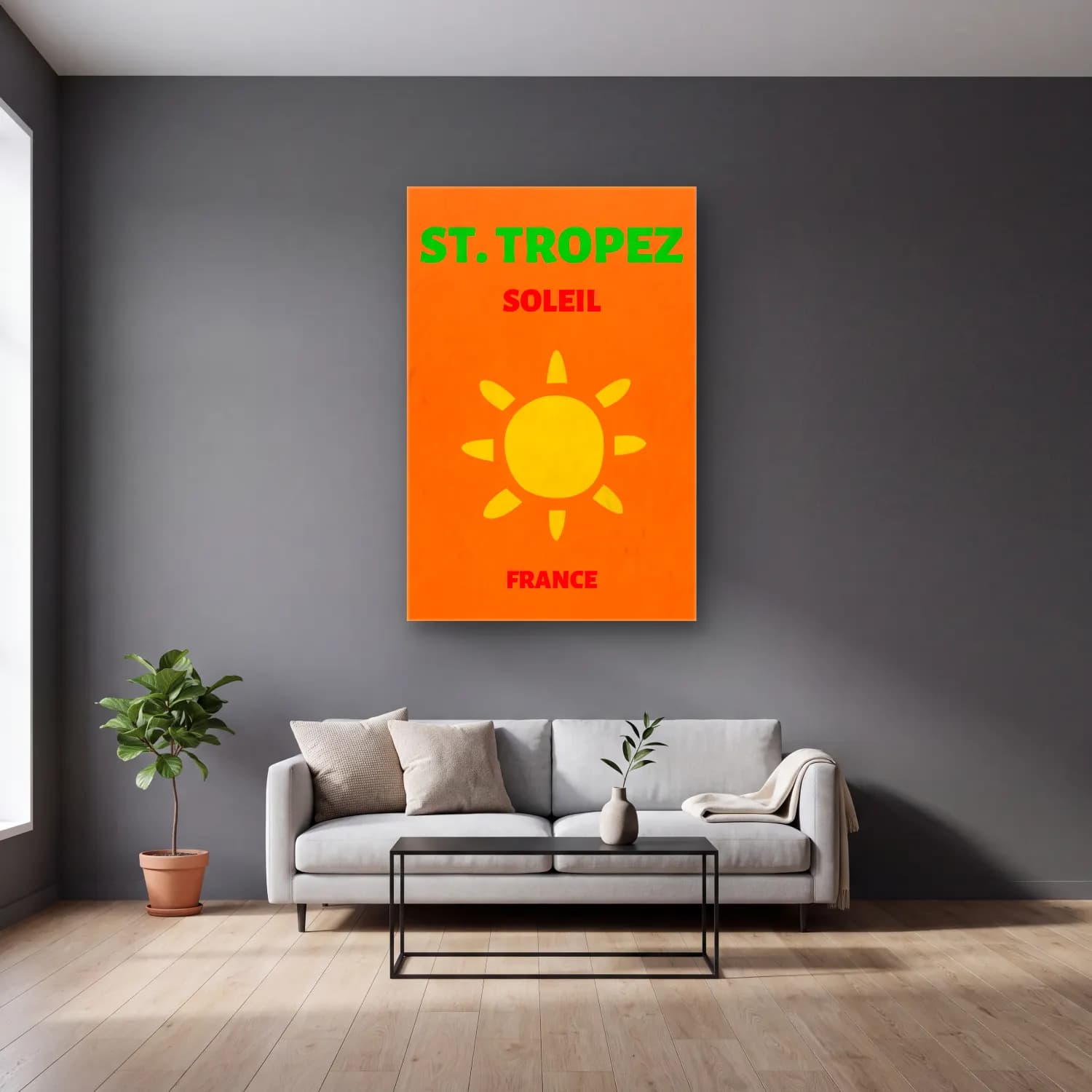 Vintage Poster Güneş ve Gökkuşağı No. 3 cam tablo — gri duvarlı salonda