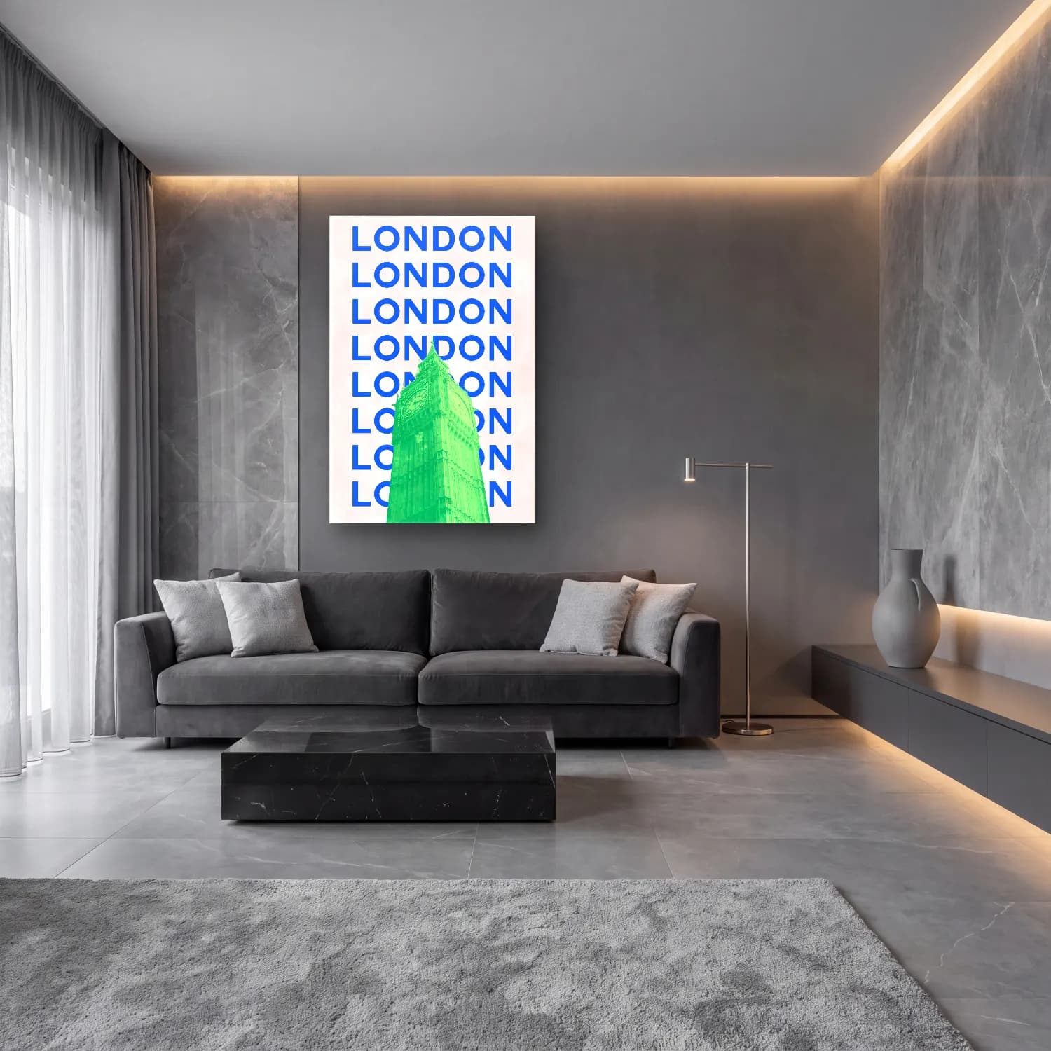 Pastel Londra No. 4 cam tablo — lüks salon duvarında