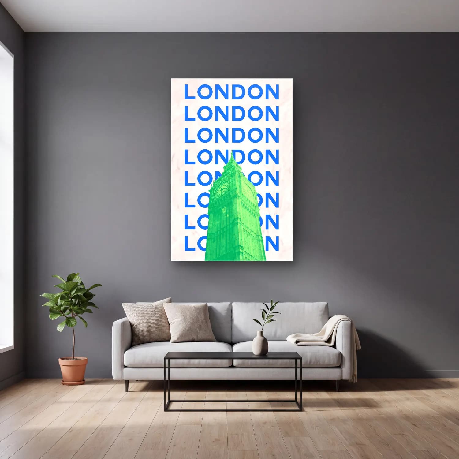 Pastel Londra No. 4 cam tablo — gri duvarlı salonda
