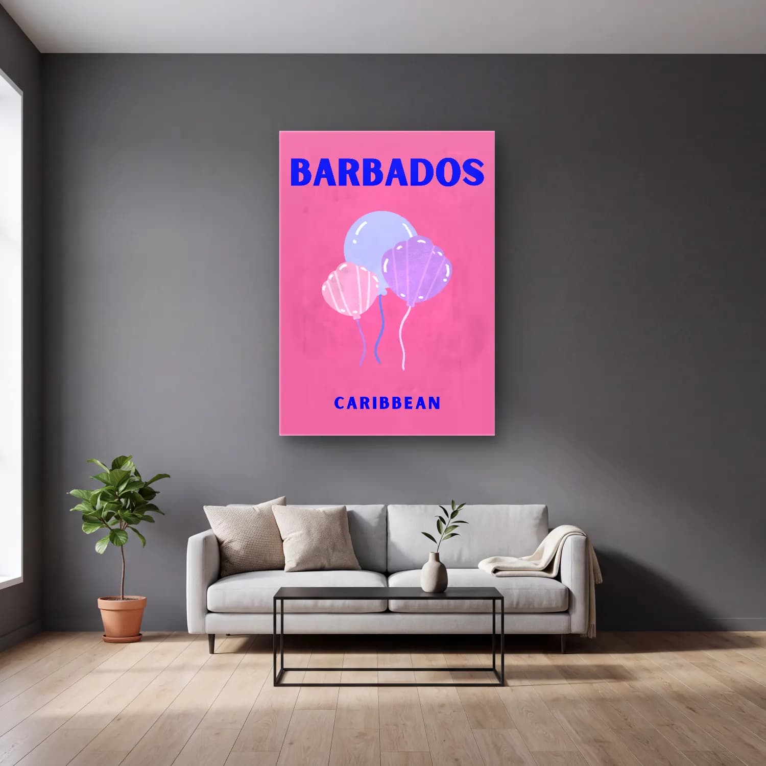 Bauhaus Sıcak Hava Balonu – Pembe Tonlar cam tablo — gri duvarlı salonda