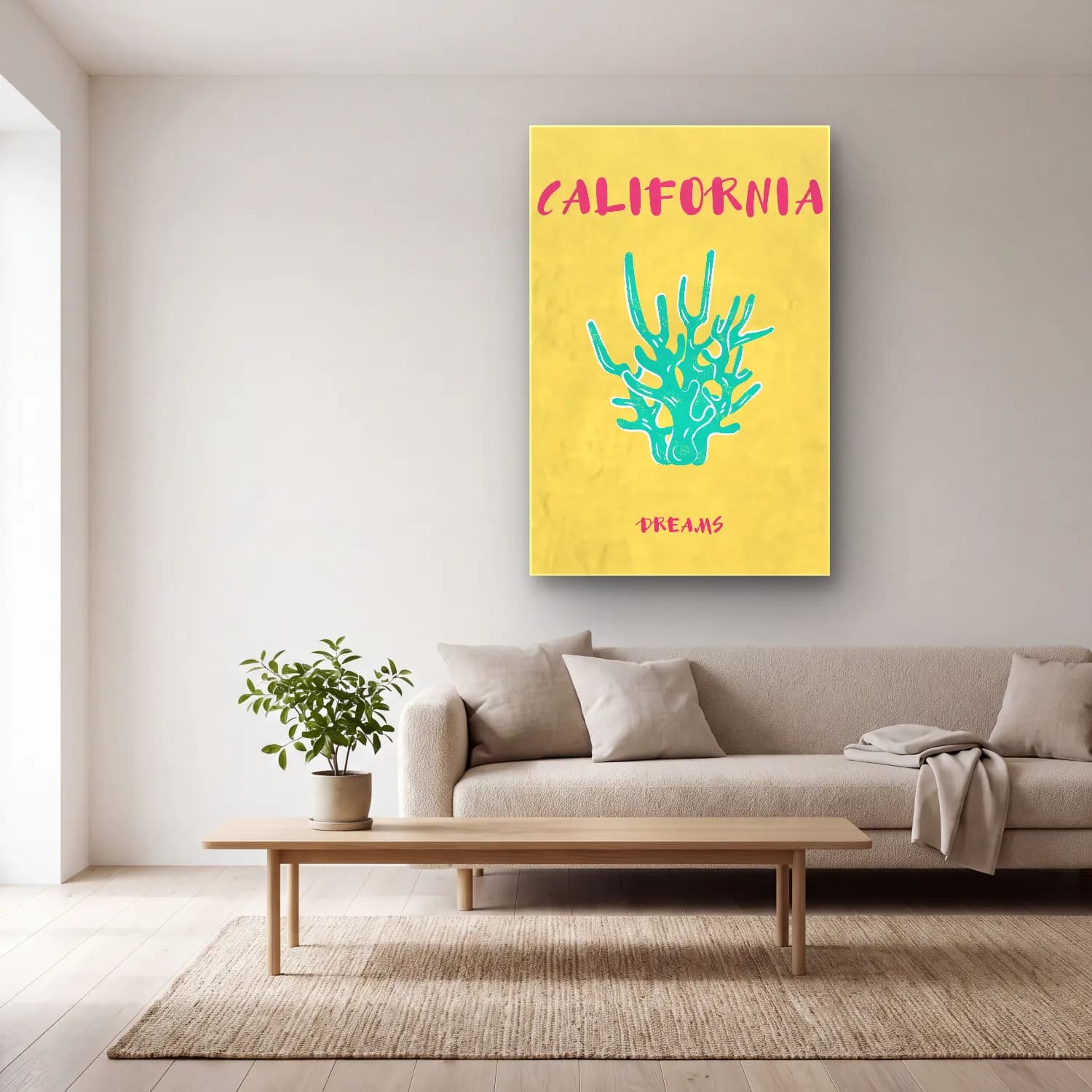 Pastel Kaktüs No. 9 cam tablo — açık renk salonda