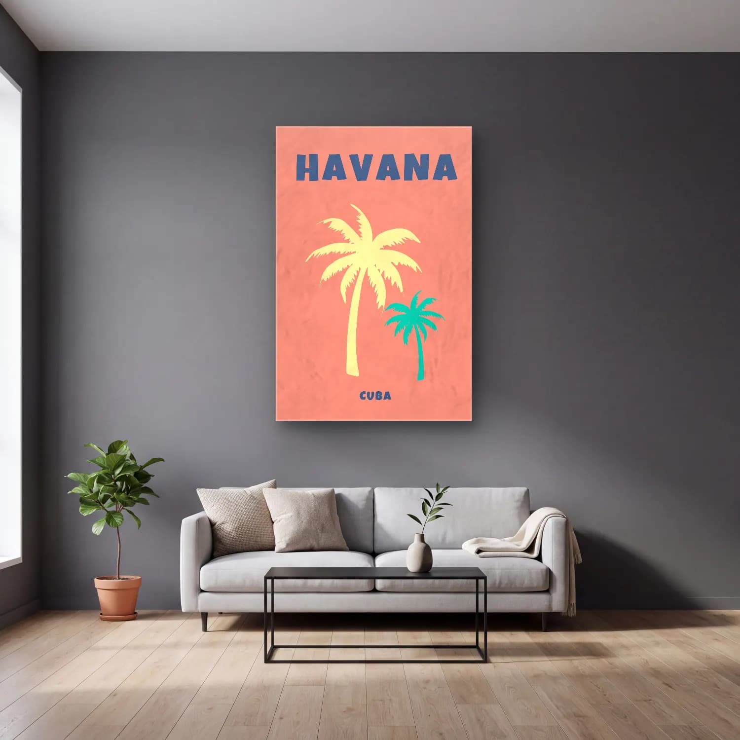 Vintage Poster Palmiyeli Tropik Sahil – Pembe Tonlar cam tablo — gri duvarlı salonda