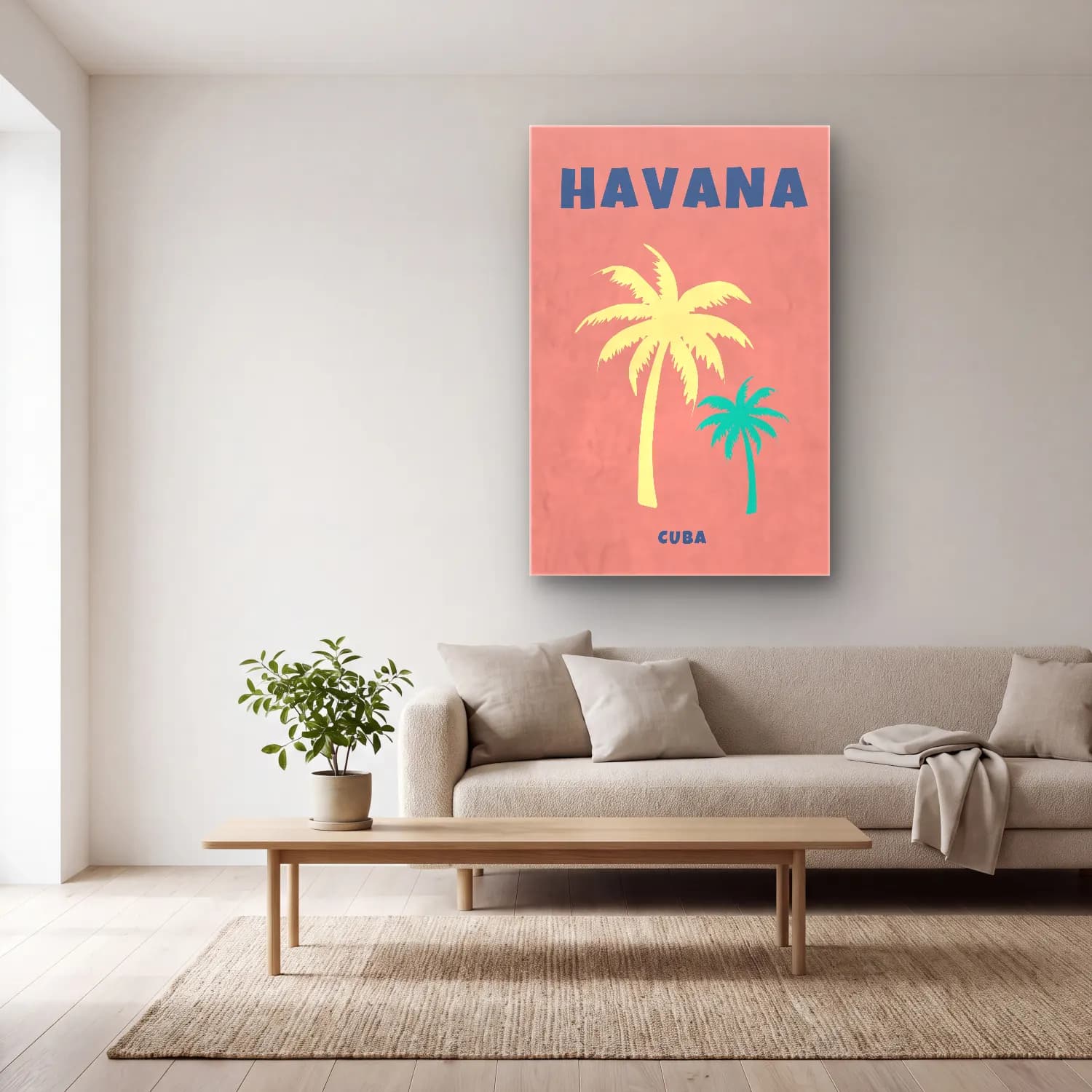 Vintage Poster Palmiyeli Tropik Sahil – Pembe Tonlar cam tablo — açık renk salonda