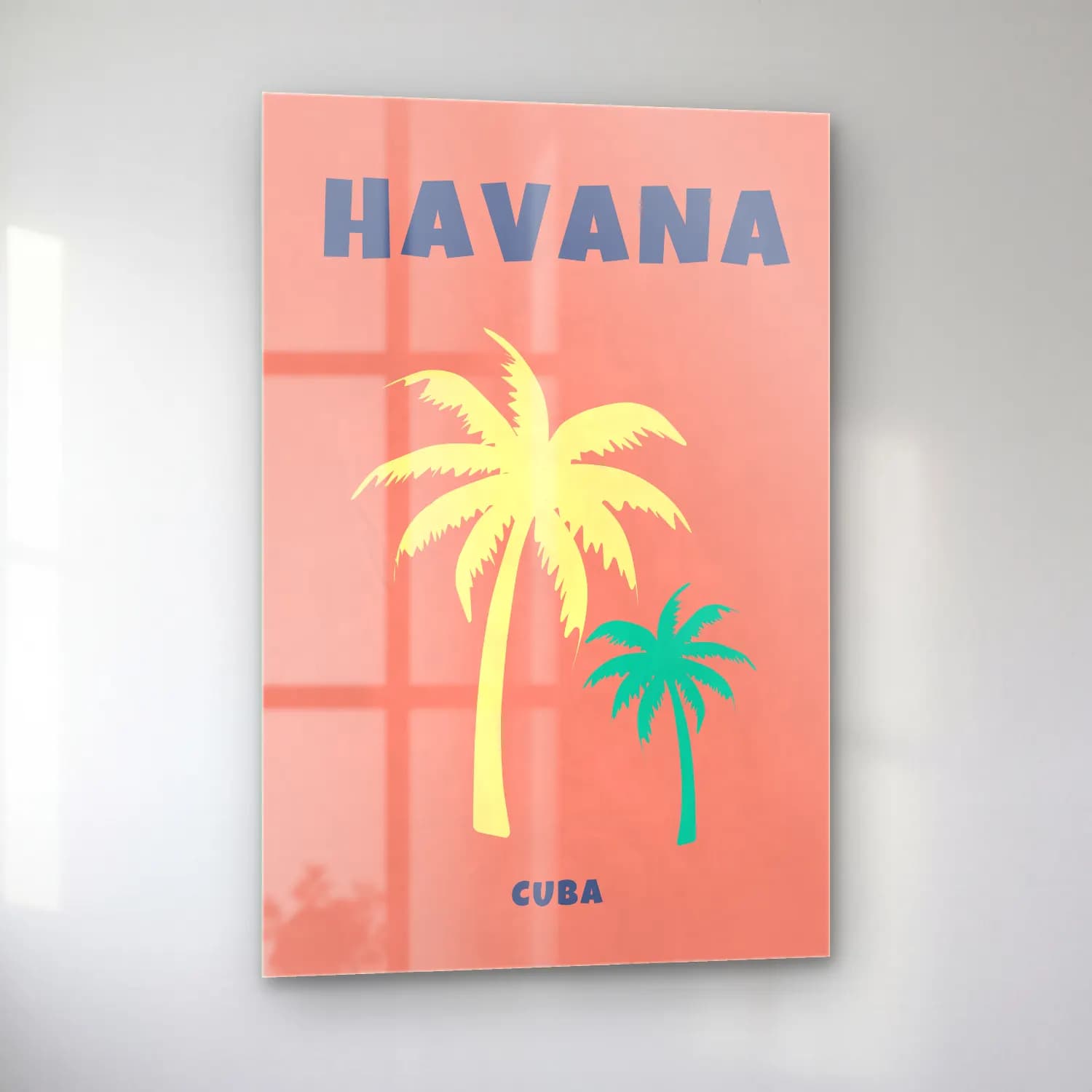 Vintage Poster Palmiyeli Tropik Sahil – Pembe Tonlar cam tablo — sol açıdan görünüm