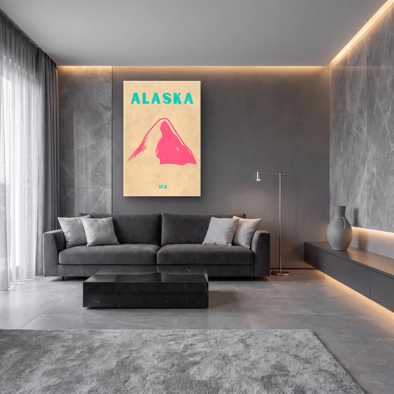 Pastel Karlı Dağ Zirvesi No. 2 cam tablo — lüks salon duvarında