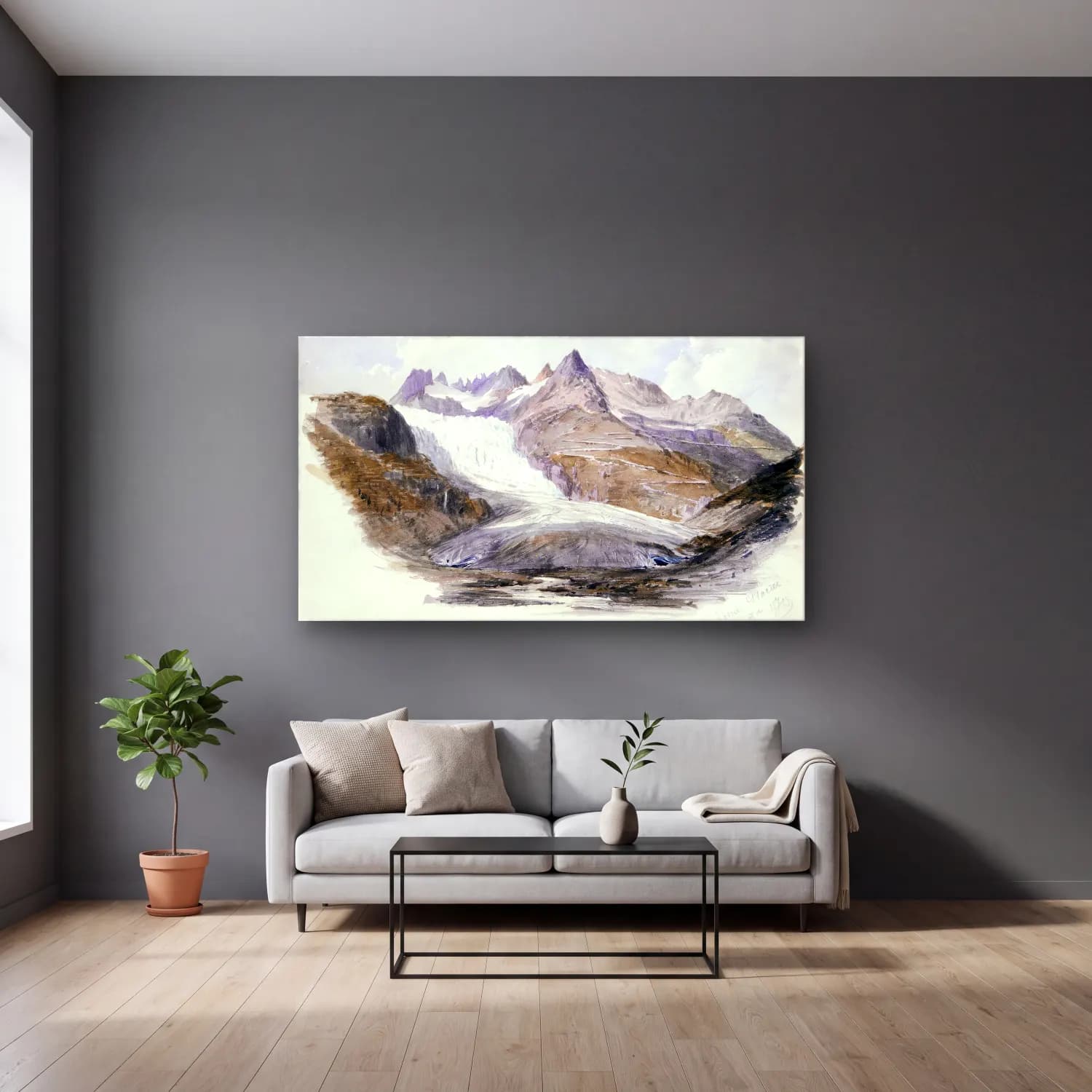 John Singer Sargent – Splendid Mountain Watercolours cam tablo — gri duvarlı salonda