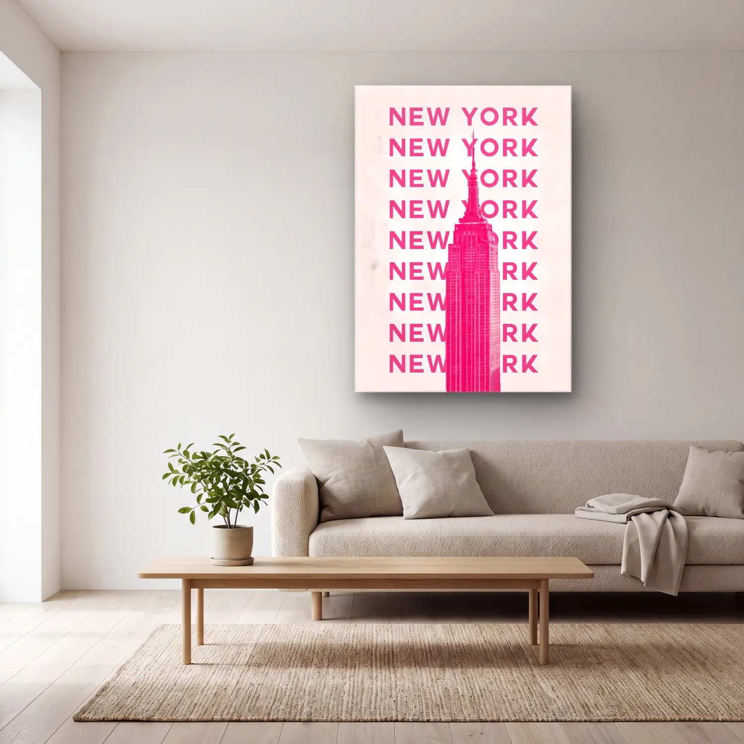 Pastel New York Silüeti No. 3 cam tablo — açık renk salonda
