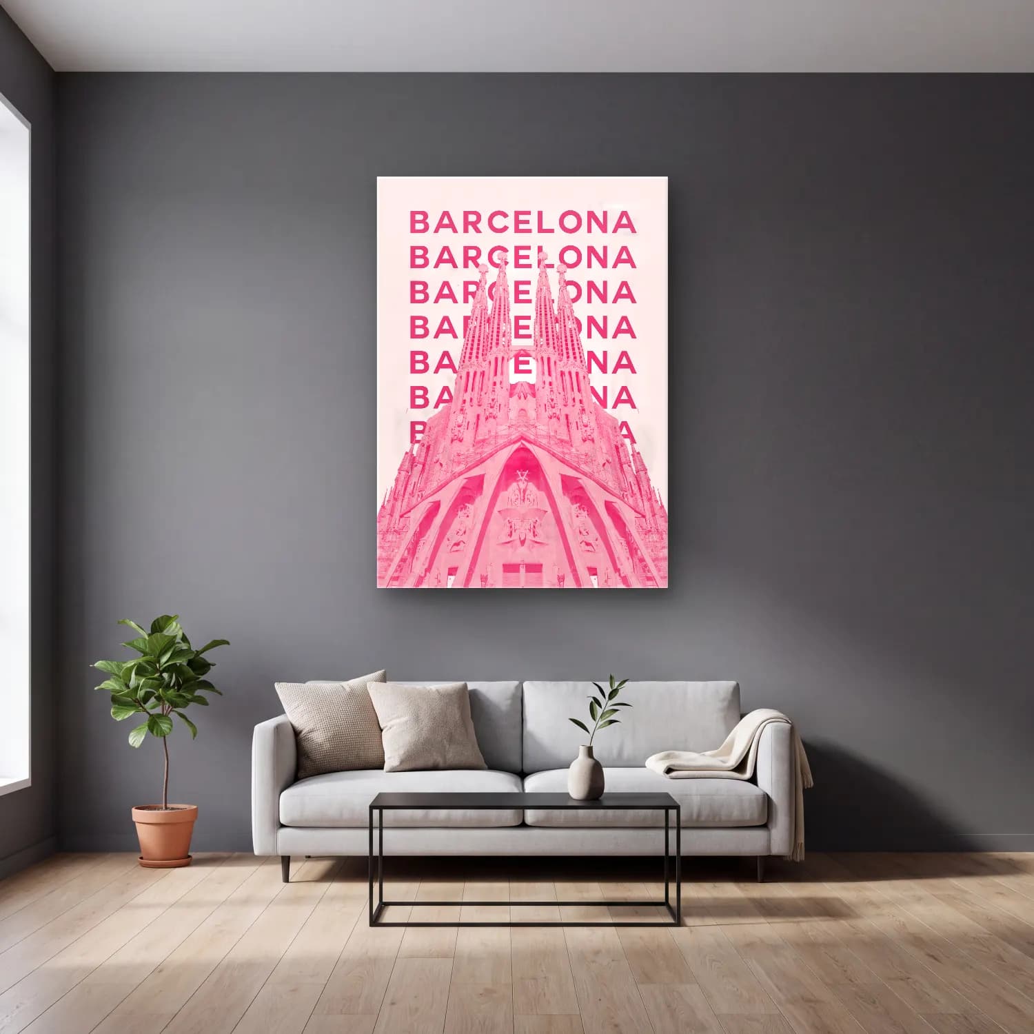 Pastel Katedral No. 3 cam tablo — gri duvarlı salonda