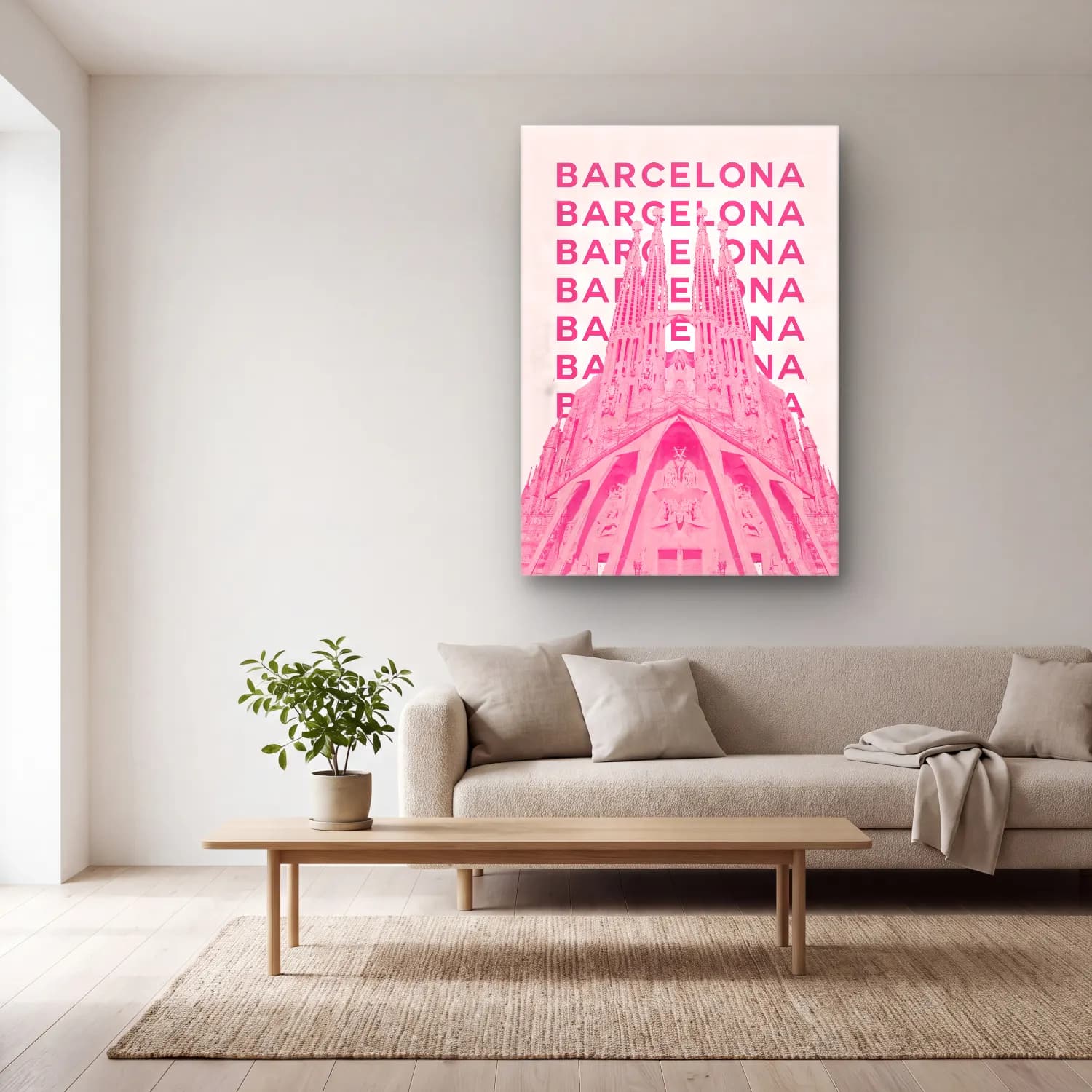 Pastel Katedral No. 3 cam tablo — açık renk salonda
