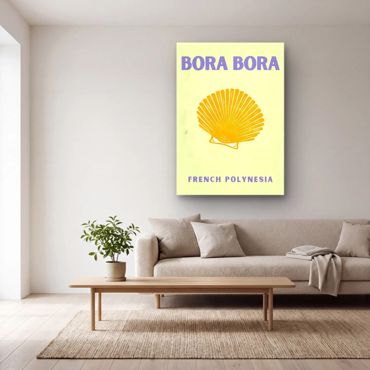 Vintage Poster Deniz Kabukları – Turuncu Tonlar cam tablo — açık renk salonda